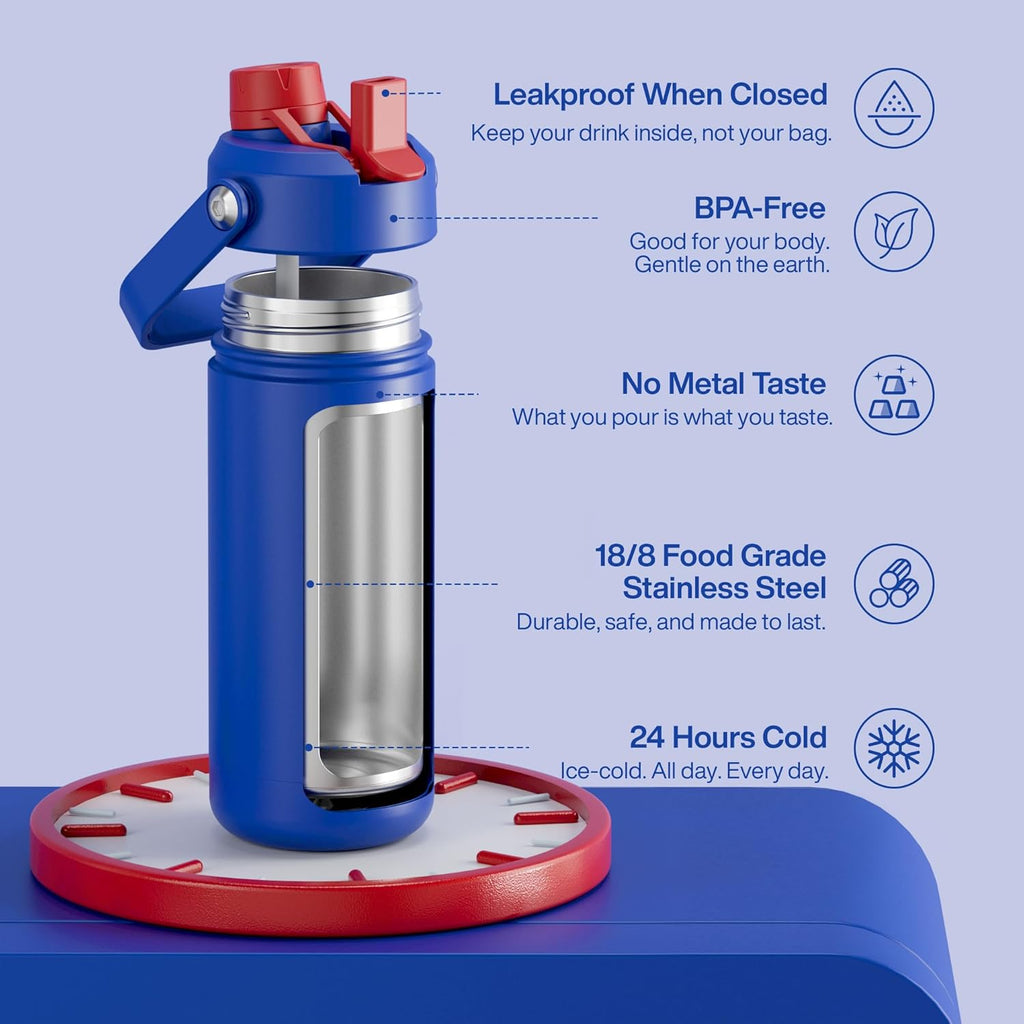 ENCOOL Insulated Water Bottle with Straw Stainless Steel Water Bottle, Leak-Proof, BPA-Free, Double Wall Vacuum Keeps Cold for 24 Hours for Sports, Travel, School (18 oz, Beaucoup Blue)