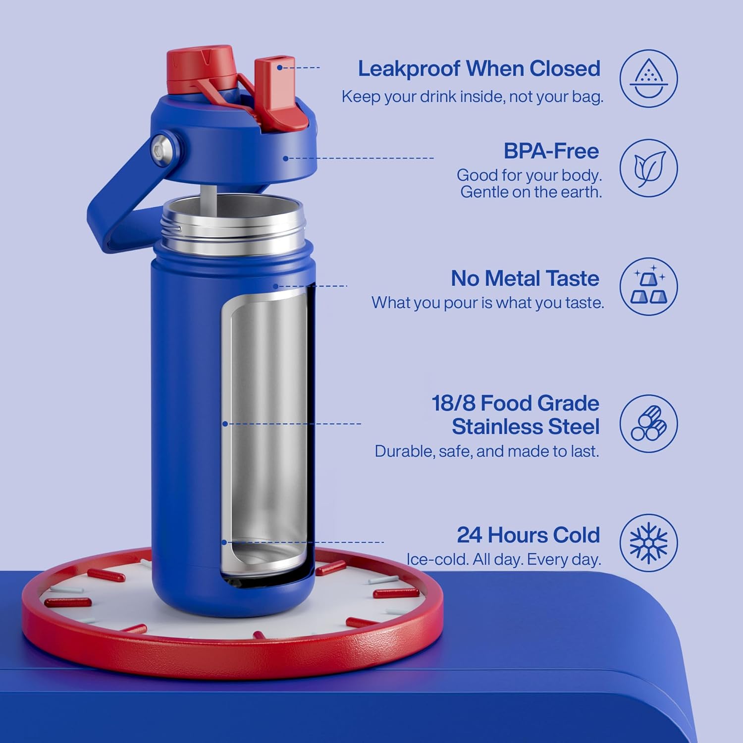 ENCOOL Insulated Water Bottle with Straw Stainless Steel Water Bottle, Leak-Proof, BPA-Free, Double Wall Vacuum Keeps Cold for 24 Hours for Sports, Travel, School (18 oz, Beaucoup Blue)