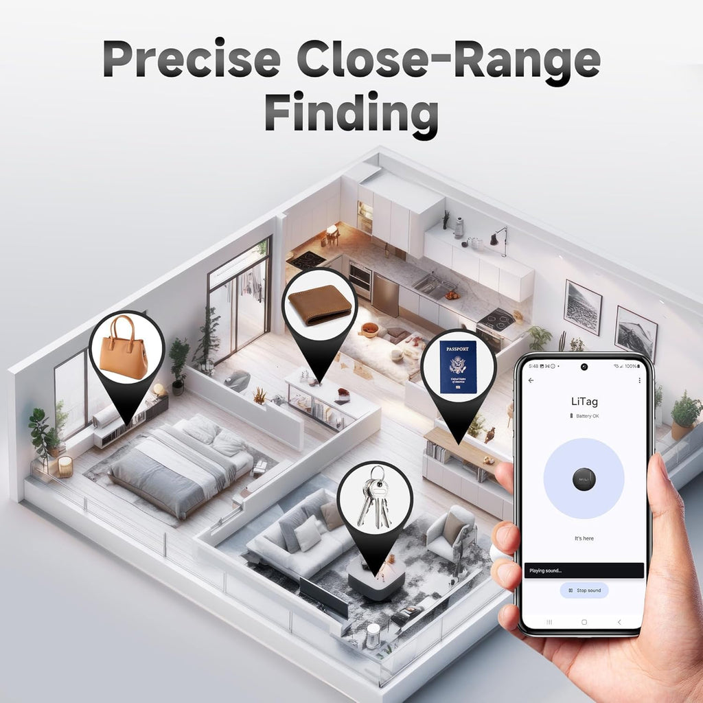 LiTag - Bluetooth Tracking Tag for Android. Smart Tracker for Google Find My Device (Find Hub) App. Item Finder Locator for Keys, Luggage, Suitcase, Backpack, Purse (1 Pack)