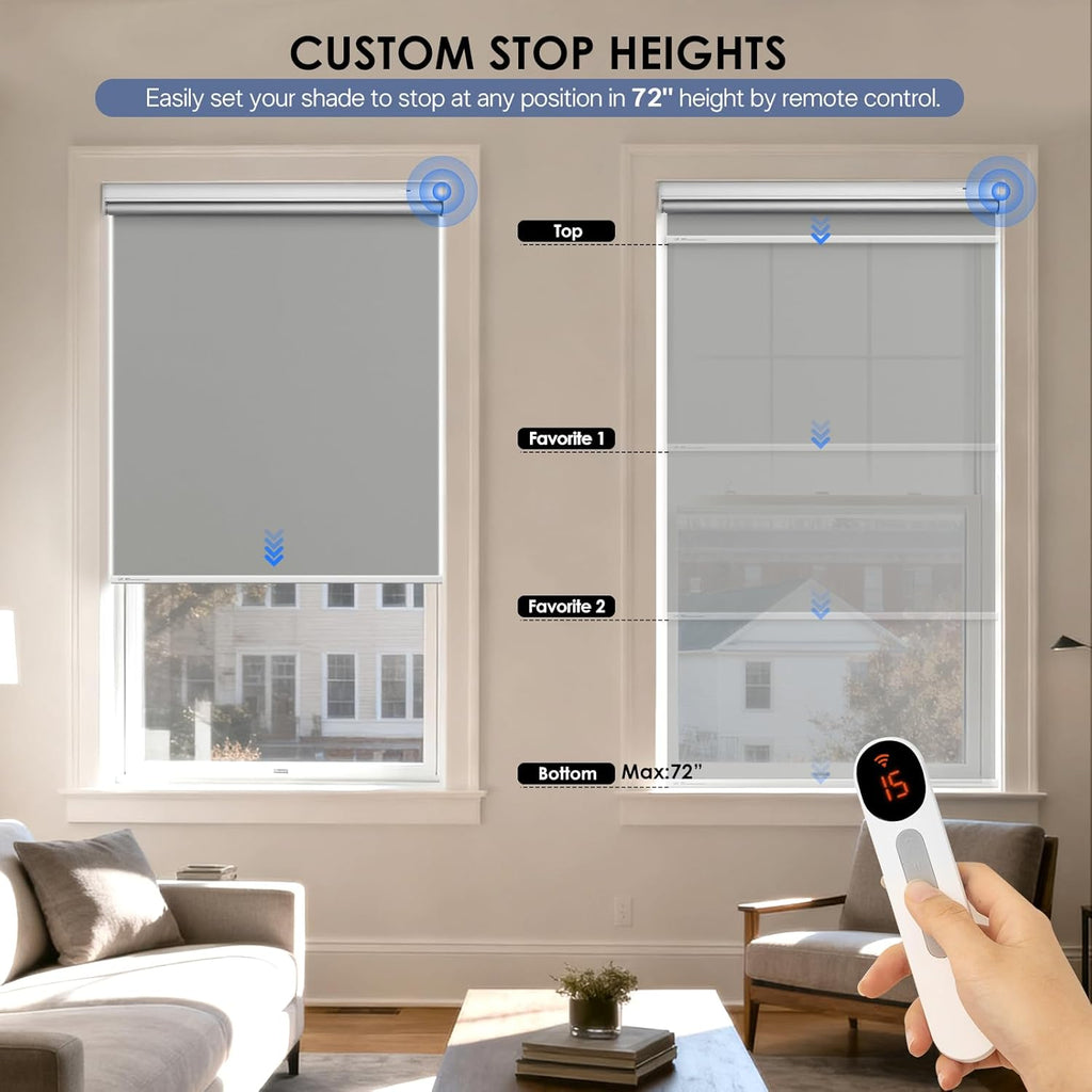 Motorized Roller Blinds with Remote Control & Solar Panel - 100% Blackout Smart Blinds, Automatic, Cordless, Electric Shades - Compatible with Alexa - Gray
