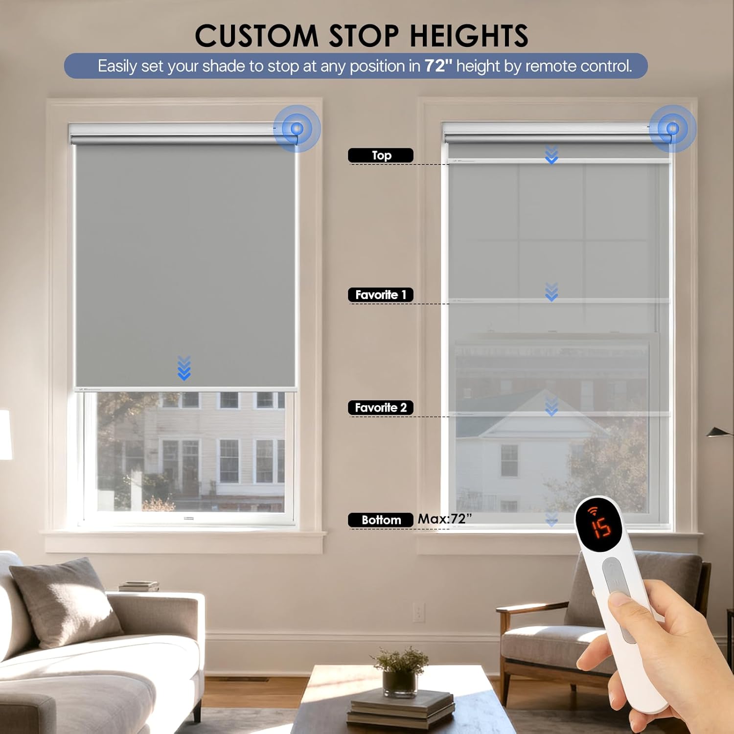 Motorized Roller Blinds with Remote Control & Solar Panel - 100% Blackout Smart Blinds, Automatic, Cordless, Electric Shades - Compatible with Alexa - Grey, 48" W x 72" H