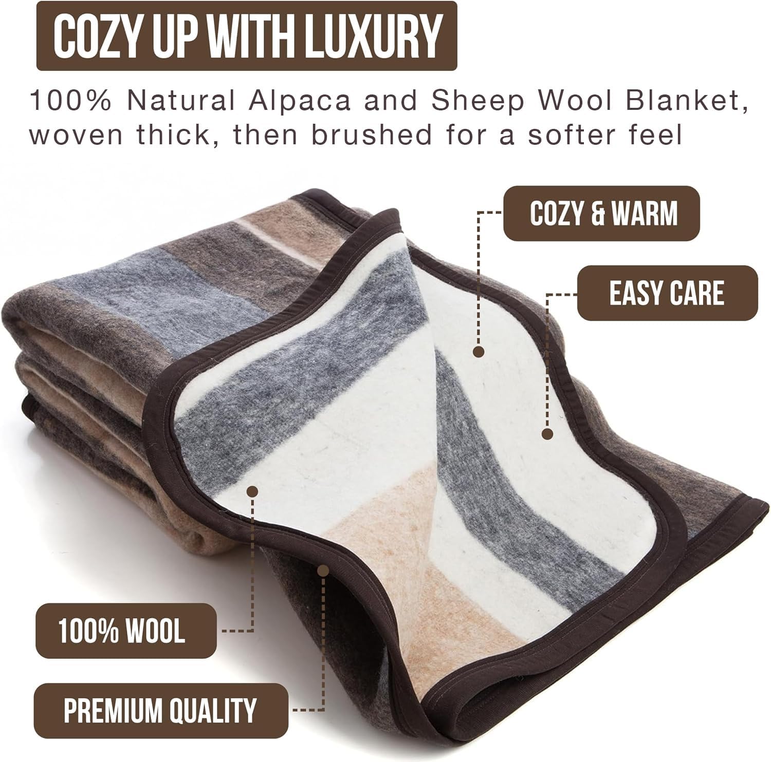 Natural Alpaca & Sheep Wool Blanket – King Size – Heavyweight Warmth, Thick, Breathable, Natural Texture & Scent, 103 x 86 inches, 7.2 lbs