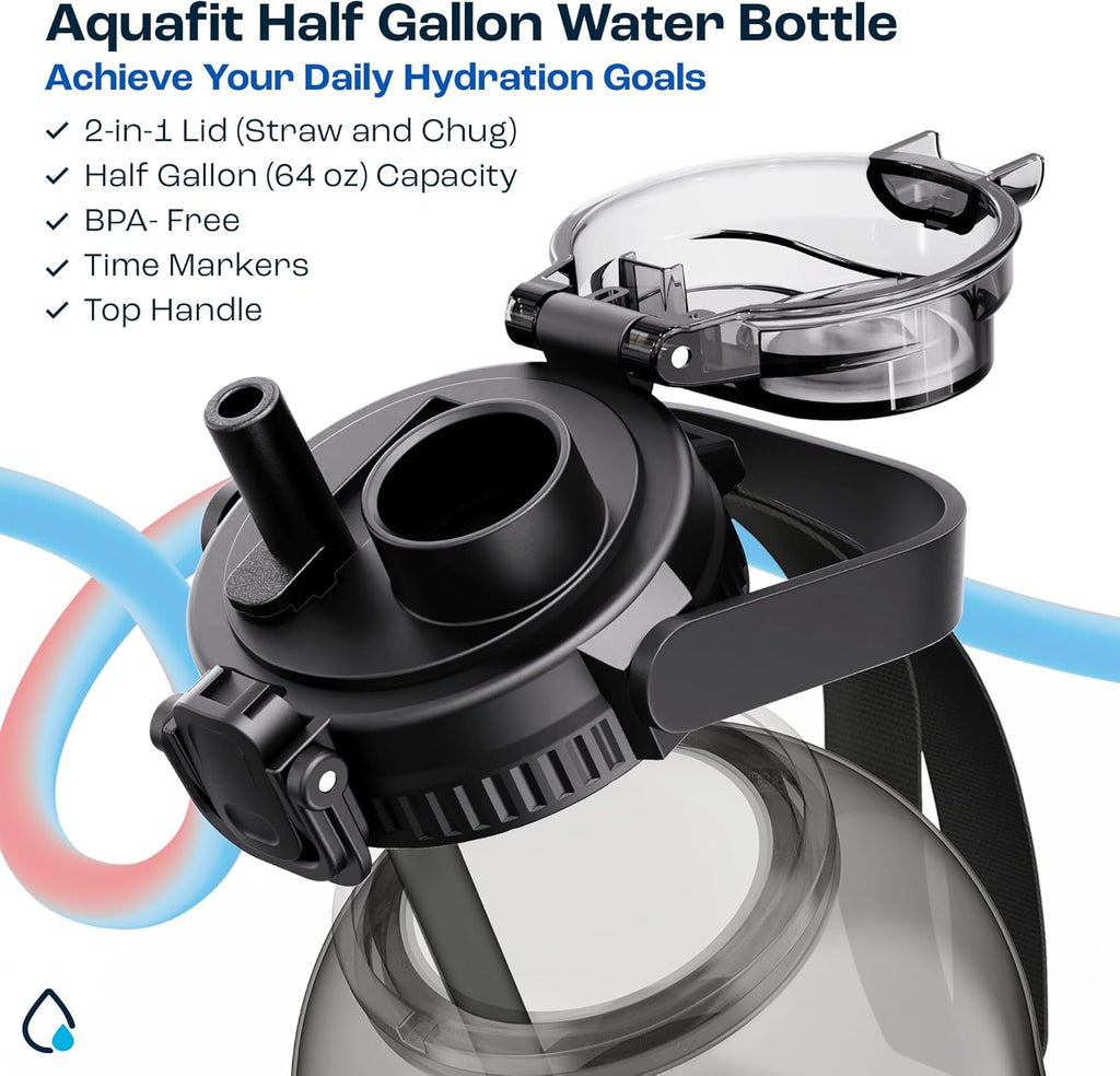 AQUAFIT 64 oz Water Bottle with Time Marker - 2in1 Straw & Chug Lid - BPA Free Big Water Bottle with Straw - Gym Water Bottle with Strap - Water Jug (64 Ounces, Nebula)