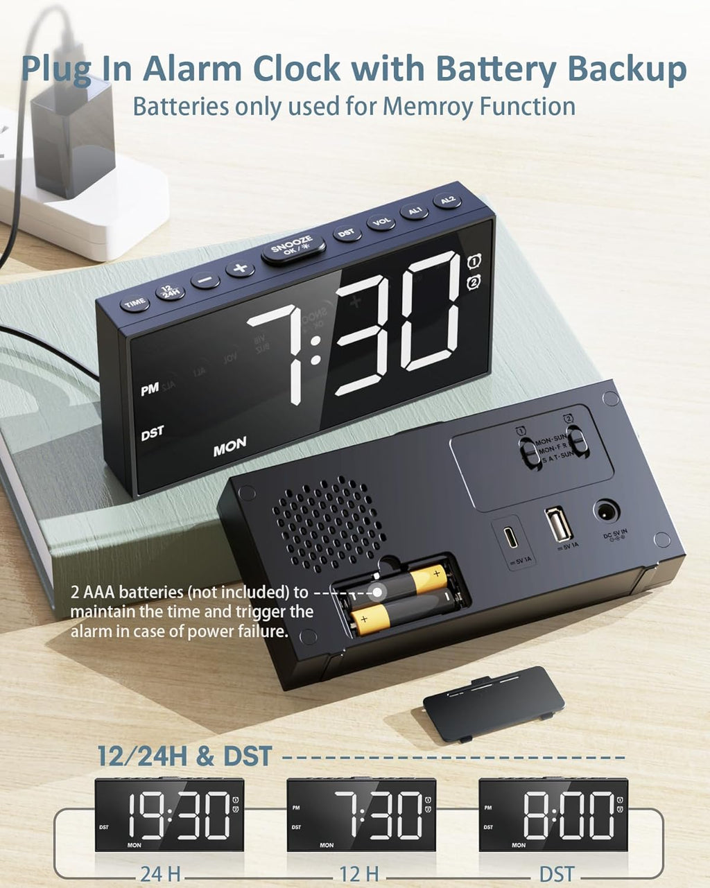 Alarm Clock for Bedroom Heavy Sleepers, Dual Alarms,Weekday/Weekend/Everyday,7.5''LED Large Display,5 Dimmer,Digital Clock with Snooze, 5 Volume,Type C & USB Chargers,Snooze,Battery Backup,Easy to Use