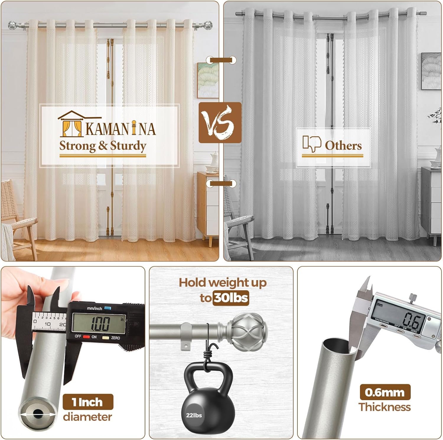 KAMANINA 1 Inch Extra Long Curtain Rod 140 to 195 Inches Silver Heavy Duty Curtain Rods for Windows 120 to 170 Inch, Adjustable Drapery Rods with Netted Texture Finials