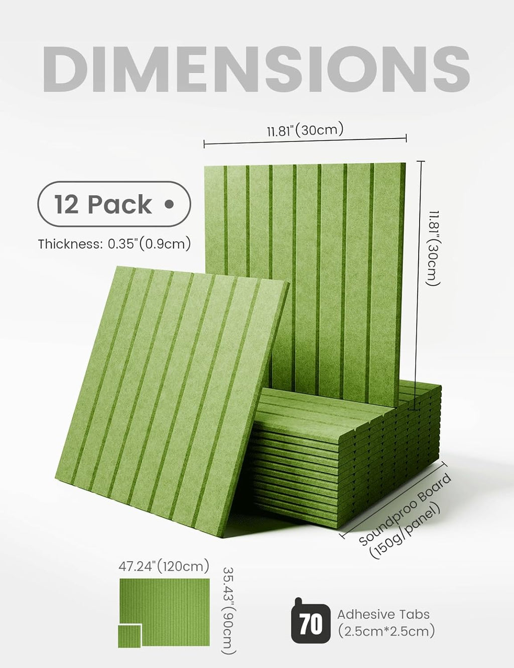 Large Felt Bulletin Board 48" x 36" Cork Board Alternative-12 Pack with 70 Safe Removable Adhesive Tabs, Cork Boards for Walls Cork Board for Home Office Classroom Pin Board-Kelly Green