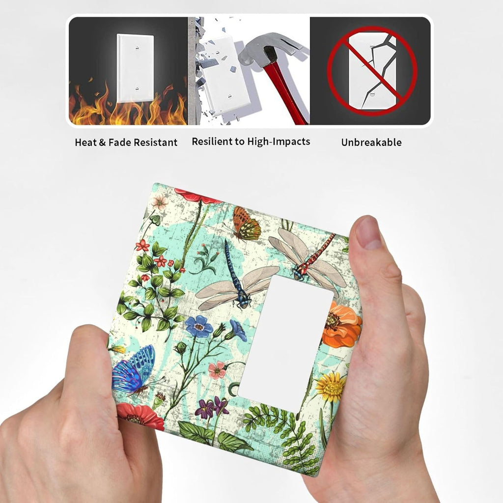 Dragonflies Flowers Butterfly 2 Gang 1 Rocker 1 Blank Outlet Light Switch Cover Decorative Wall Plate Cover For Home Living Bedroom Kitchen Decorative