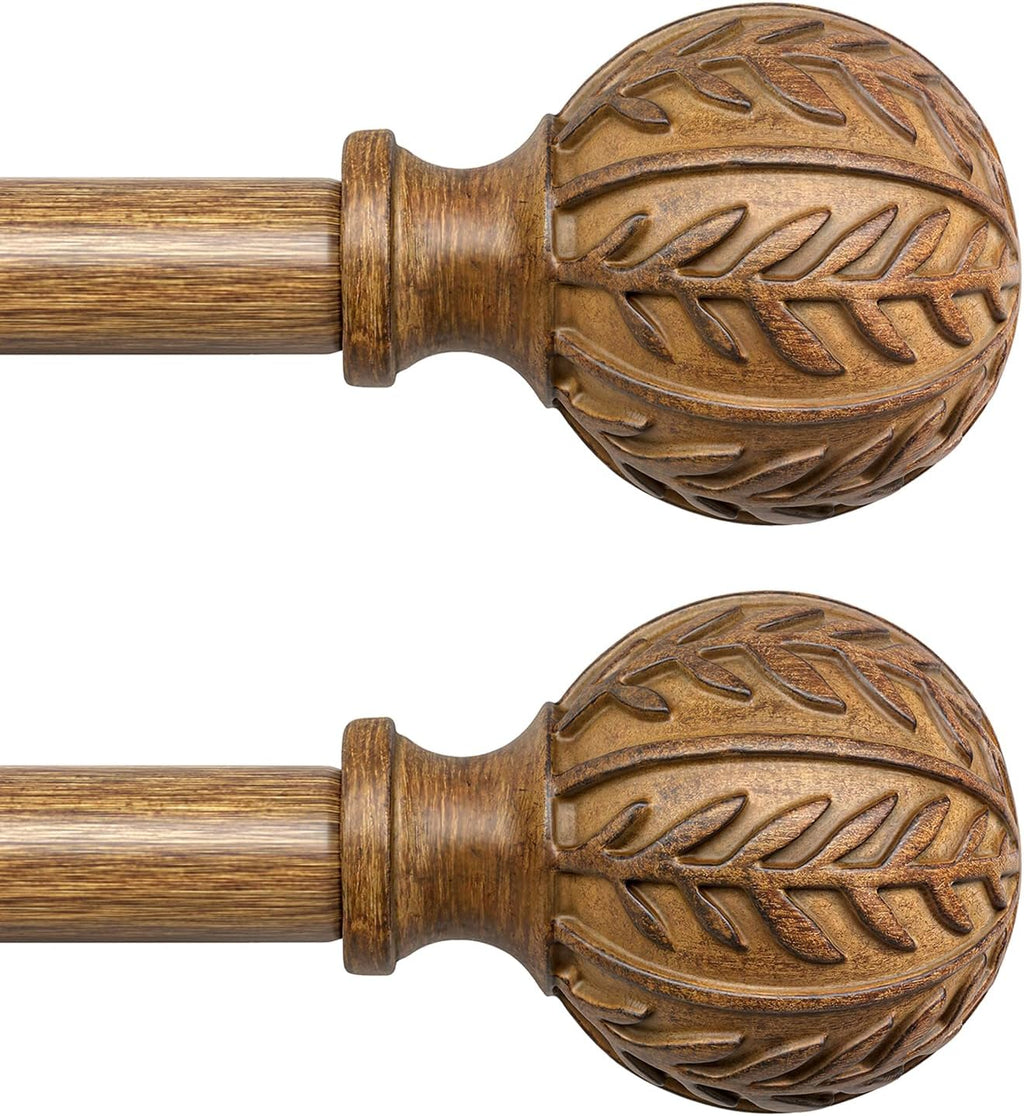 2 Pack Boho Wood Curtain Rods for Windows 48 to 84 inch,1" Adjustable Heavy Duty Window Curtain Rod with Imitation Wood Grain Finials,Rustic Decorative Drapery Rods Set 36-88'',Natural Wood