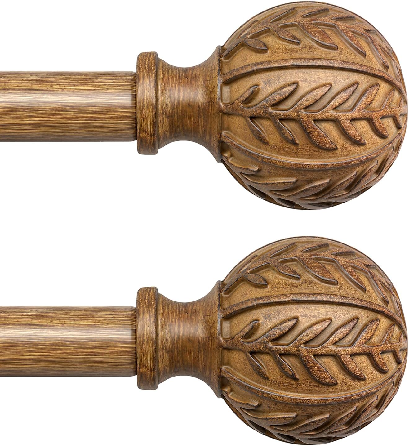 2 Pack Boho Wood Curtain Rods for Windows 48 to 84 inch,1" Adjustable Heavy Duty Window Curtain Rod with Imitation Wood Grain Finials,Rustic Decorative Drapery Rods Set 36-88'',Natural Wood
