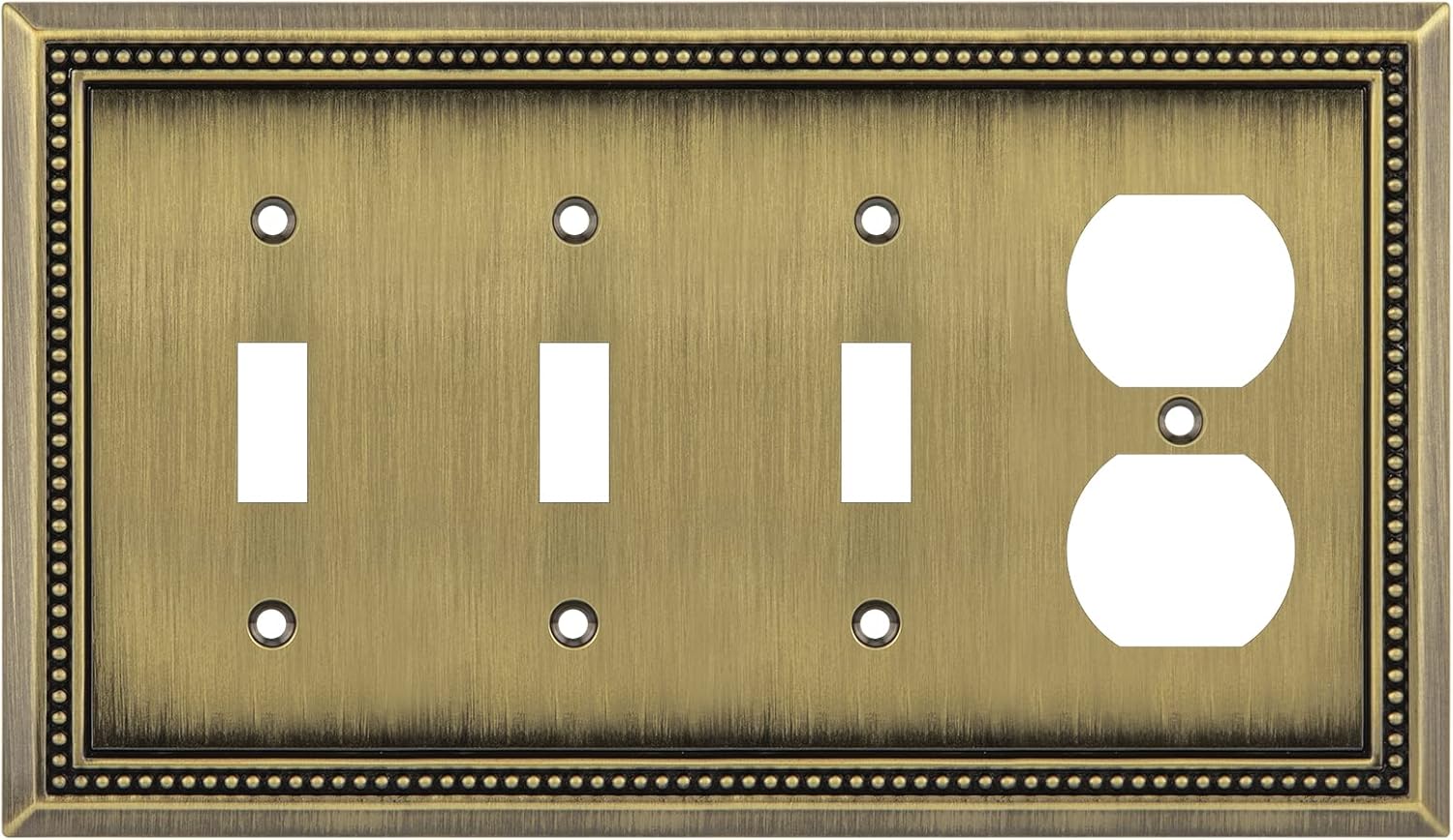 Henne Bery Sunken Pearls Heavy Duty Decorative Wall Plate Switch Plate Outlet Cover (Triple Toggle/Single Duplex, Antique Brass)