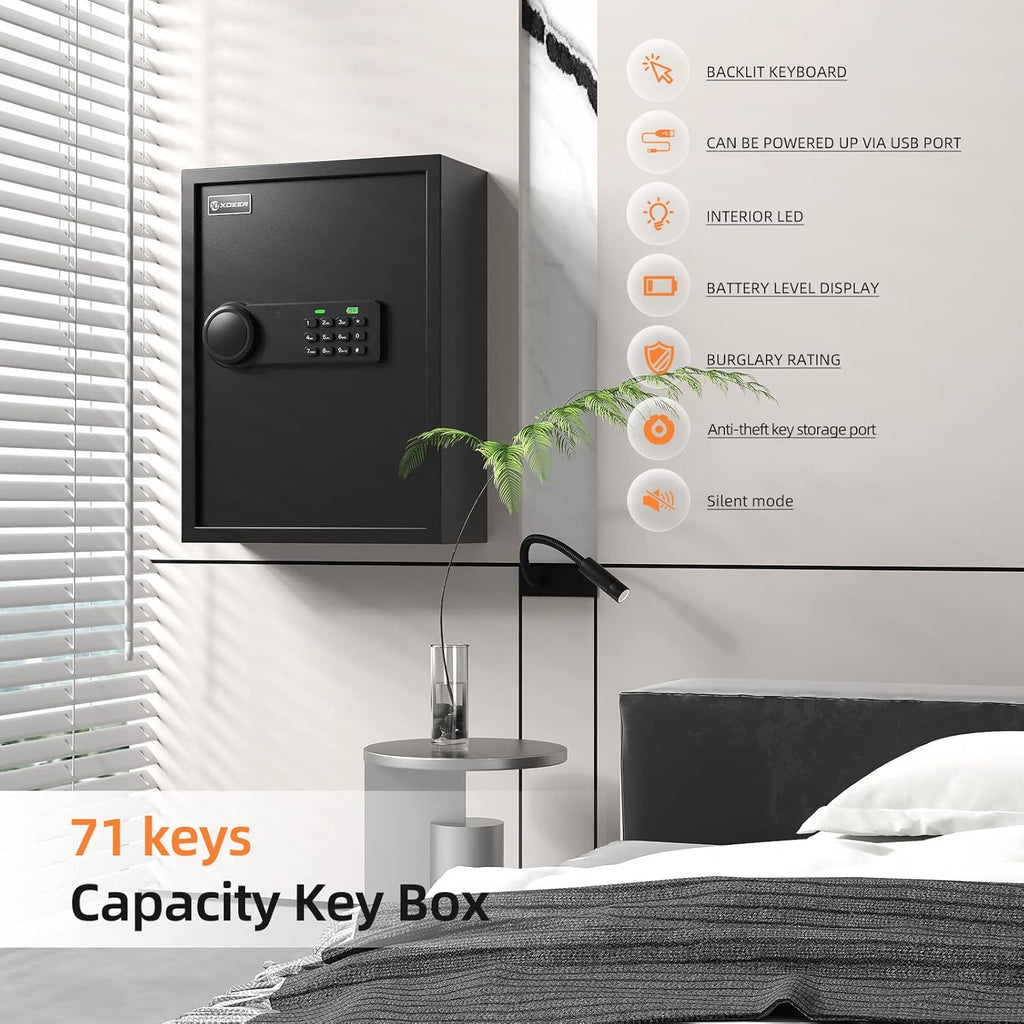 XDeer 71-Key Safe Wall Mount with Advanced Anti-Theft & LED Light, Key Cabinet with Combo & Key Lock for Hotels, Offices & Car Dealerships