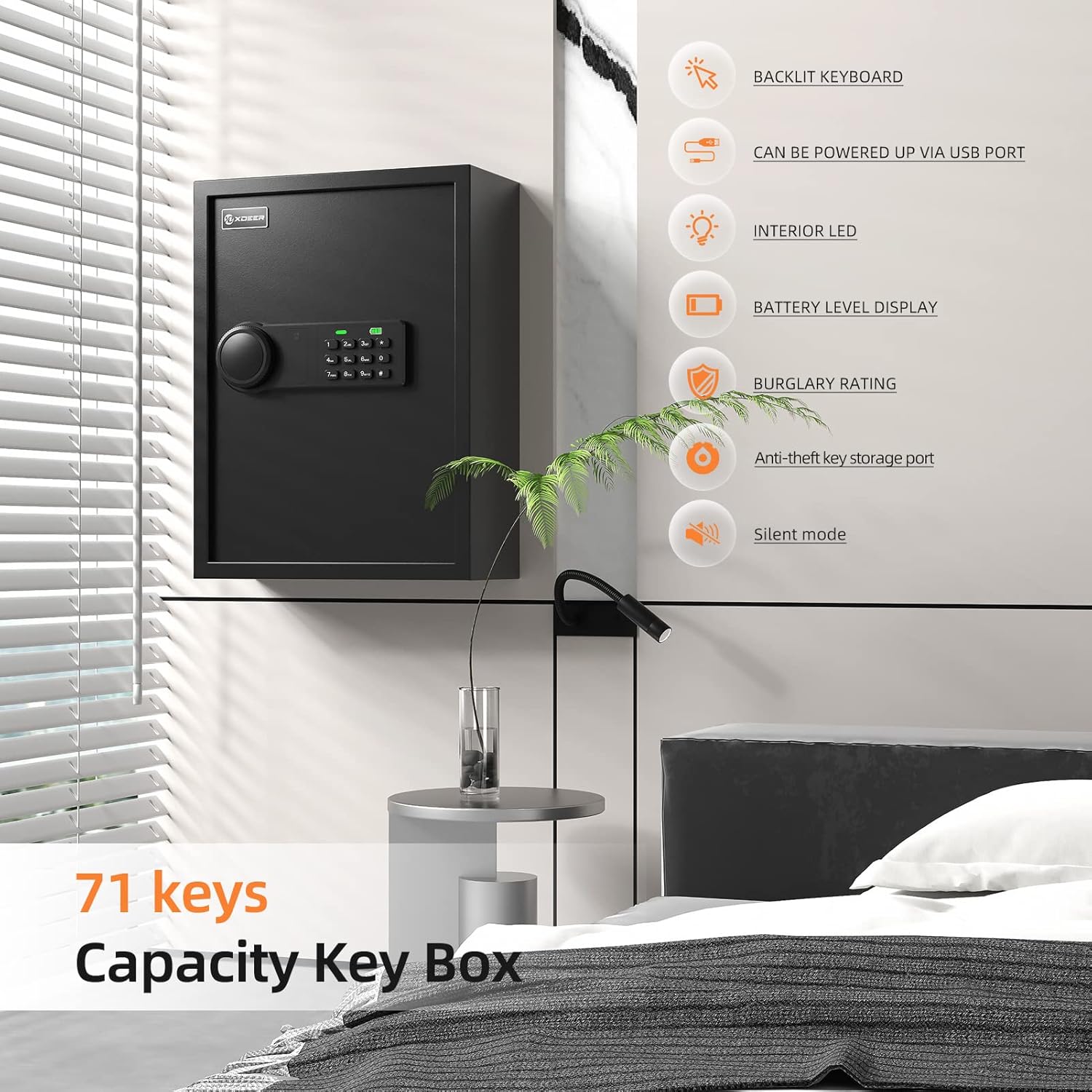 XDeer 71-Key Safe Wall Mount with Advanced Anti-Theft & LED Light, Key Cabinet with Combo & Key Lock for Hotels, Offices & Car Dealerships