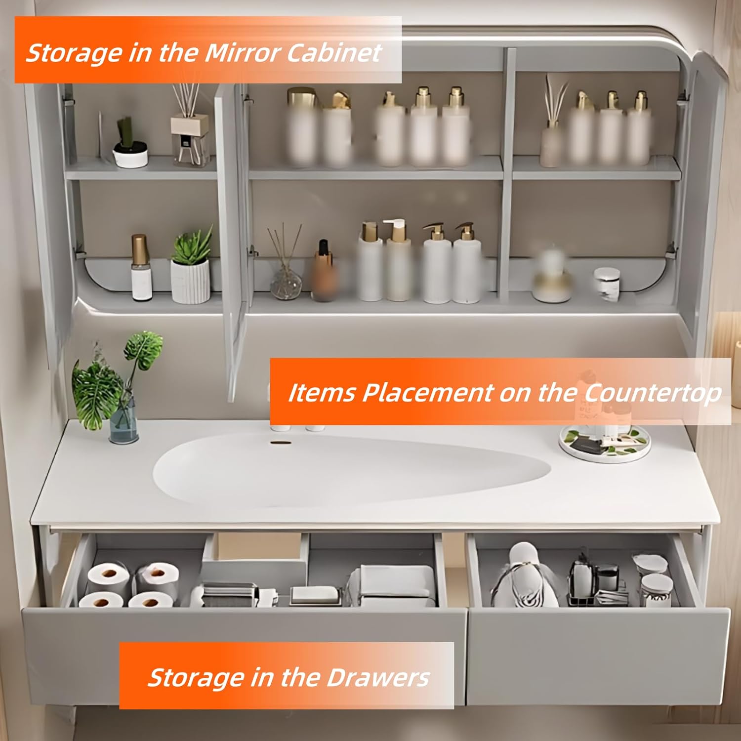 72IN Grey Bathroom Vanity Set - Floating Bathroom Vanity with Single Sink | Including LED Smart Defogging Mirror Cabinet & Time Display Function, Equipped with Motion Sensing Light Strip (Style A)
