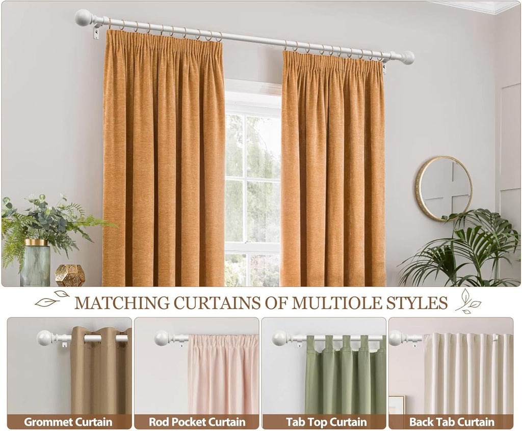 KAMANINA White Curtain Rod for Windows 72 to 144 Inches (6-12ft), 7/8 Inch Long Curtain Rods Adjustable, Single Heavy Duty Drapery Rods 144 inches with Round Finials