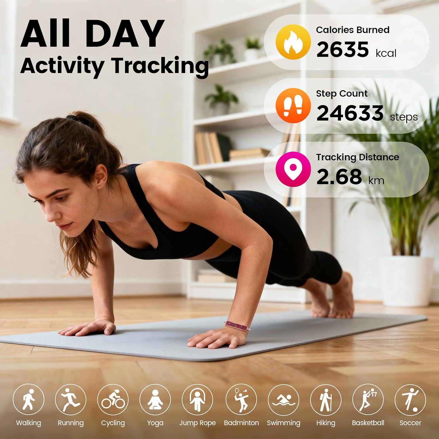 Fitness Tracker with Sleep Tracking, 24/7 Activity Tracker, Step Tracker, Heart Rate, Blood Oxygen, Stress Management, 5ATM Waterproof, No Subscription Fee for iOS & Android