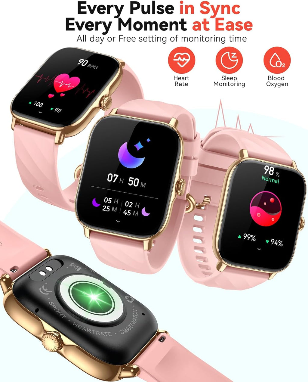 Smart Watches Fitness Tracker for Men Women with Step Counter, Sleep / Calorie Monitor, Pedometer, IP68 Waterproof, 120+ Sports for iPhone Android, 1.91”HD Touchscreen Smartwatch (Casual, Pink, 1.91)