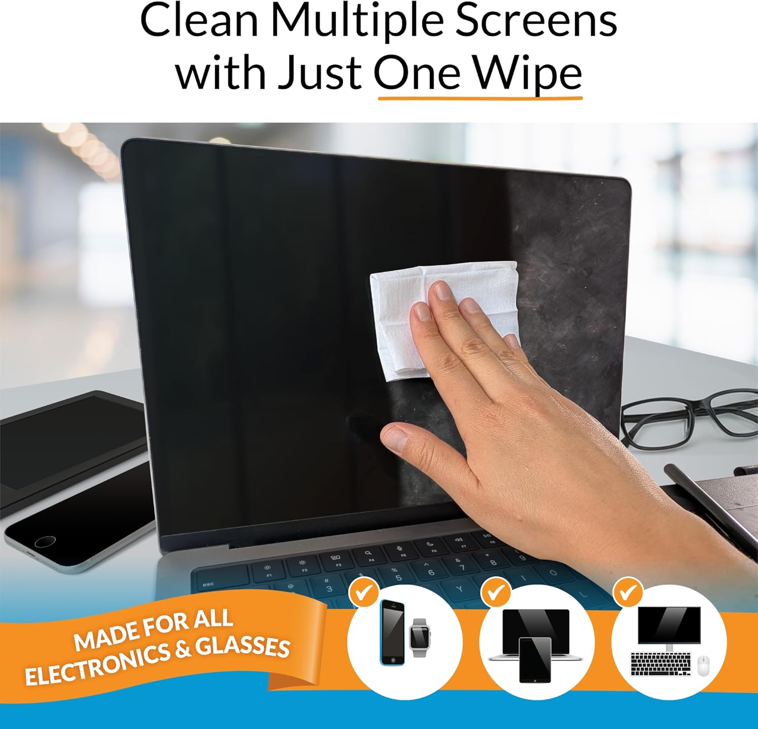 iCloth Large Screen Cleaning Wipes for Electronics, Lint-Free and Streak-Free, Fast-Drying, Removes Dust, Fingerprints, and Smudges (100 Wipes)