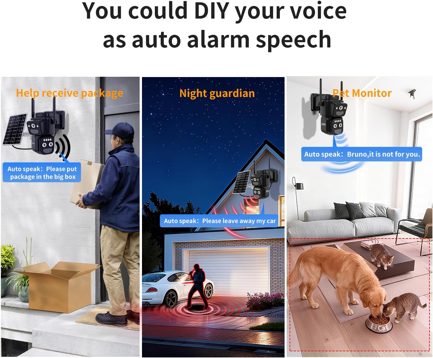Security Cameras Wirelss Outdoor Solar Powered for Home Security, 360 View Outside Camera,Motion Detection,10x Hybrid Zoom PAN Tile,i IP-65 Weather Proof (3 Lens Hybrid Zoom)