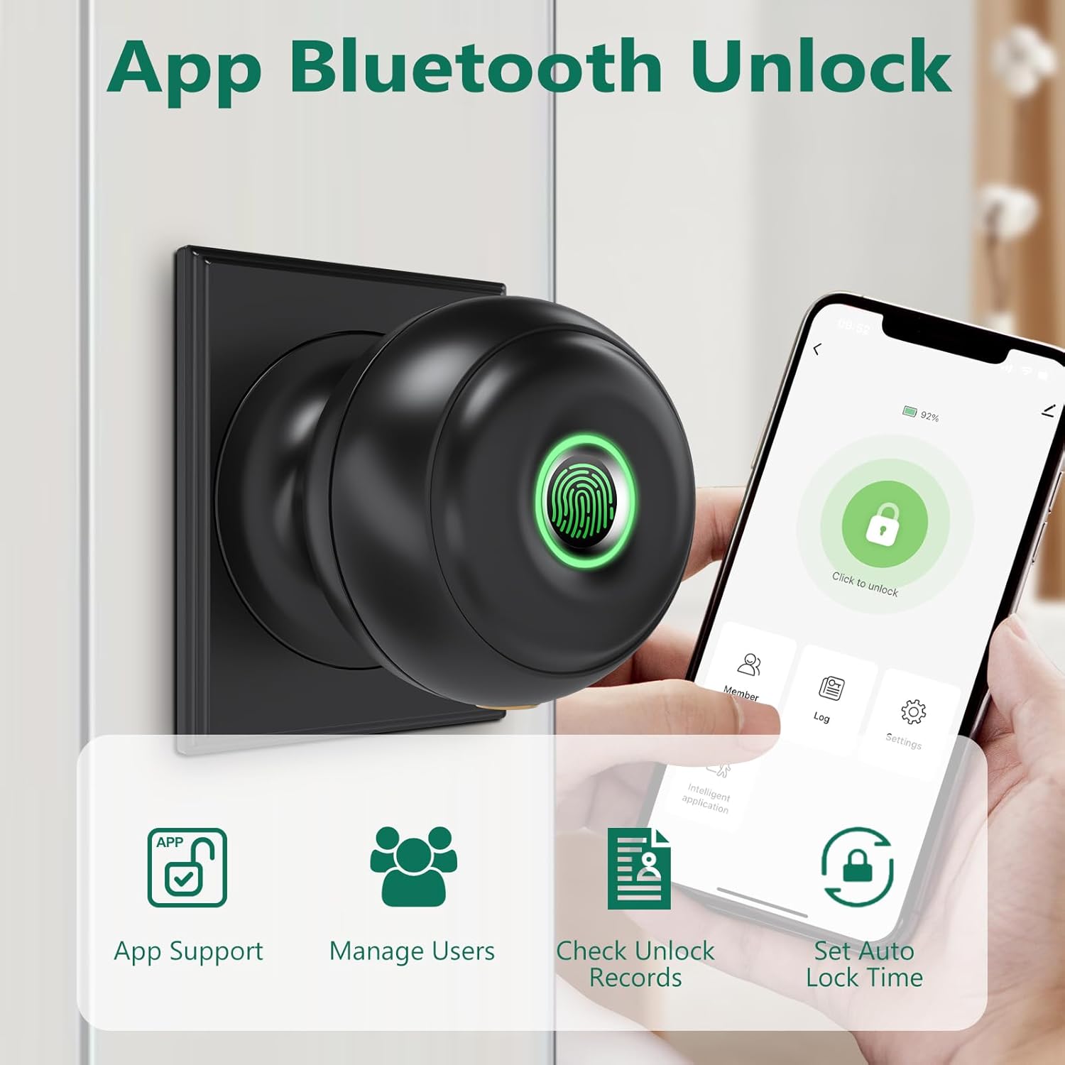 GeekTale Fingerprint Door Lock, Smart Lock with App, Biometric Door Lock, Thumbprint Door Knob, Smart Fingerprint Door Knob for Bedroom, Office, Apartment