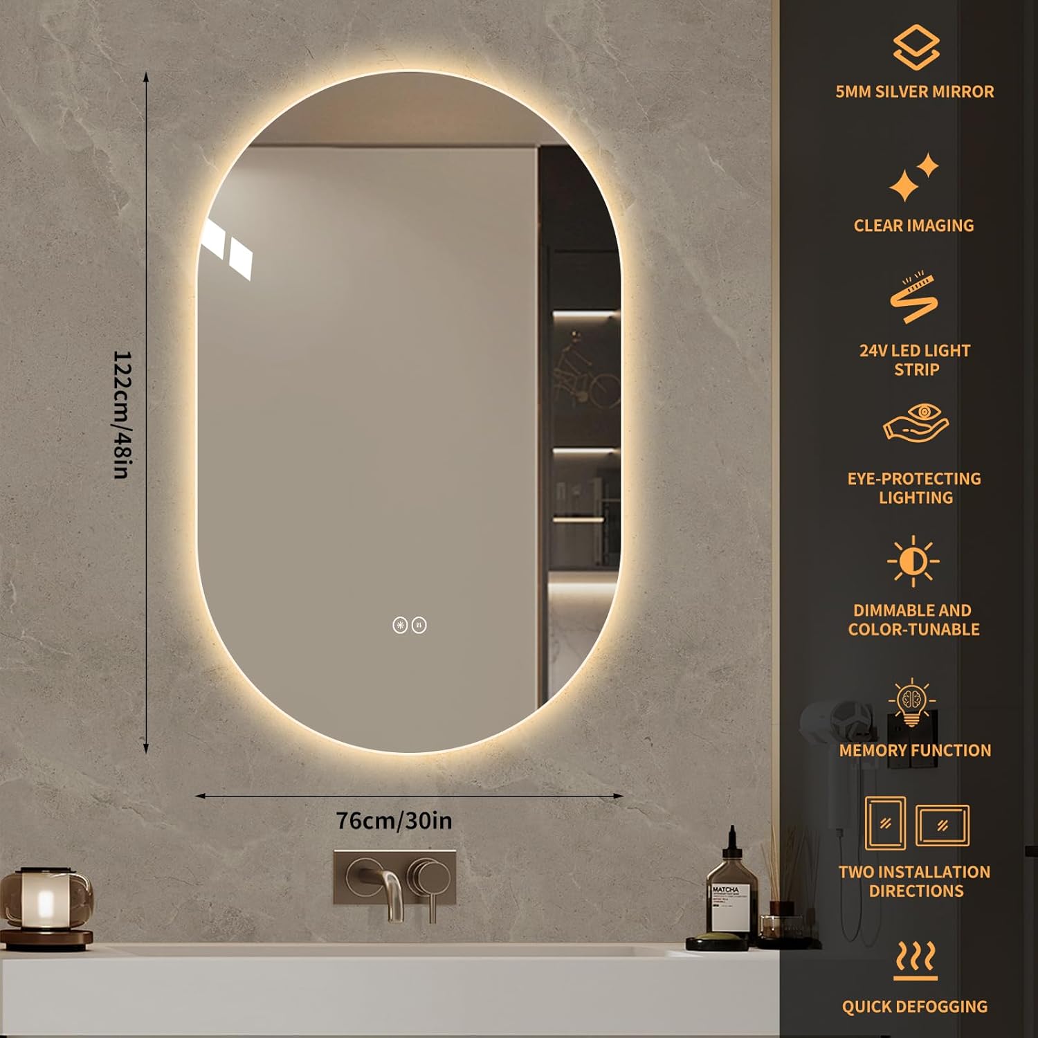 LAIYA 24V Full-Power Oval LED Bathroom Vanity Mirror,48X30inch Frameless Backlit Mirror with Light, Smart Anti-Fog Waterproof Mirror with Memory Function Dimmable Lighted Mirror