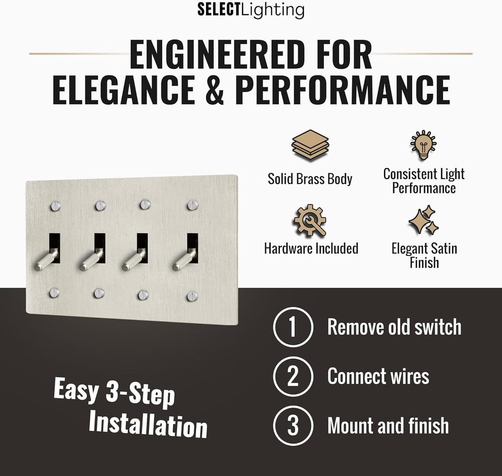 Select 15A 120V AC 4-Gang Toggle Switch, Vintage Satin Nickel Plated Single Pole 3 Way Compatible Wall Mount Toggle Switch, Included Faceplate & Switch Module, UL Listed