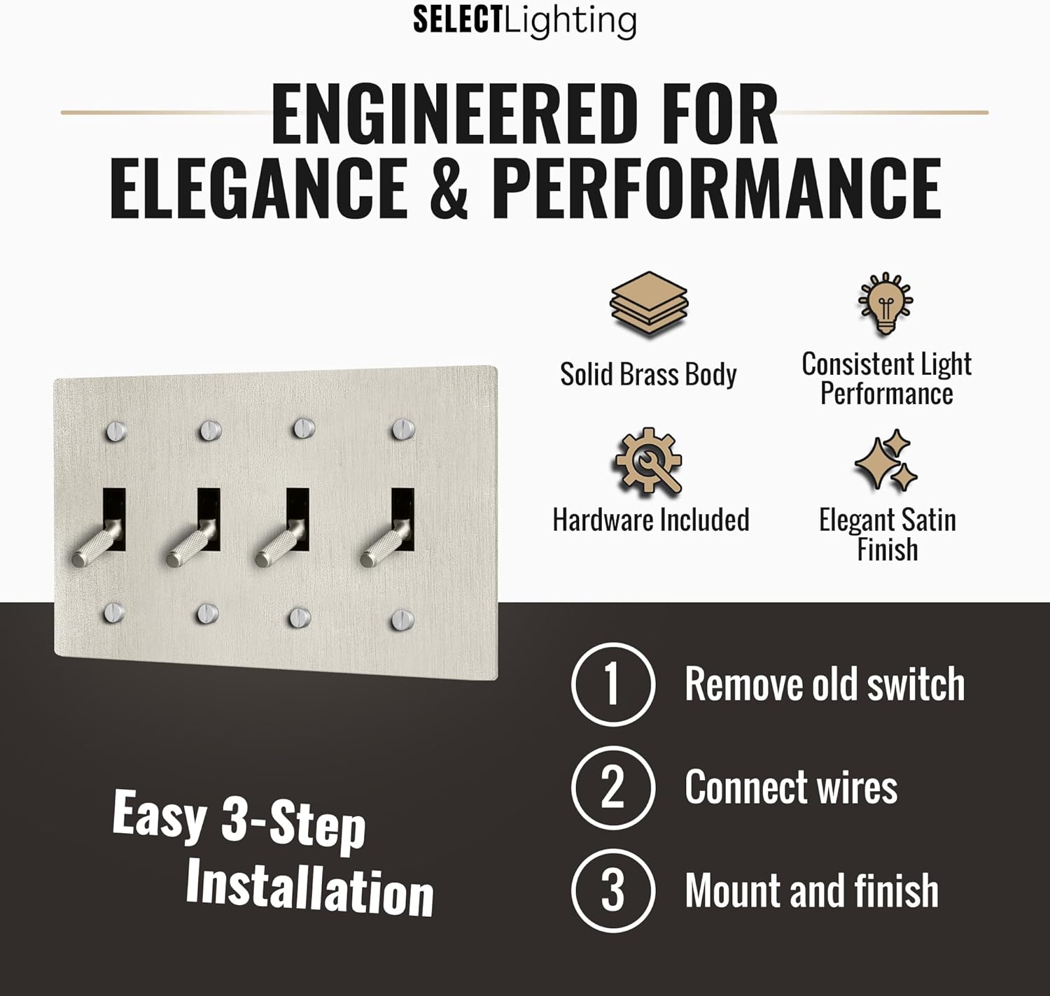 Select 15A 120V AC 4-Gang Toggle Switch, Vintage Satin Nickel Plated Single Pole 3 Way Compatible Wall Mount Toggle Switch, Included Faceplate & Switch Module, UL Listed