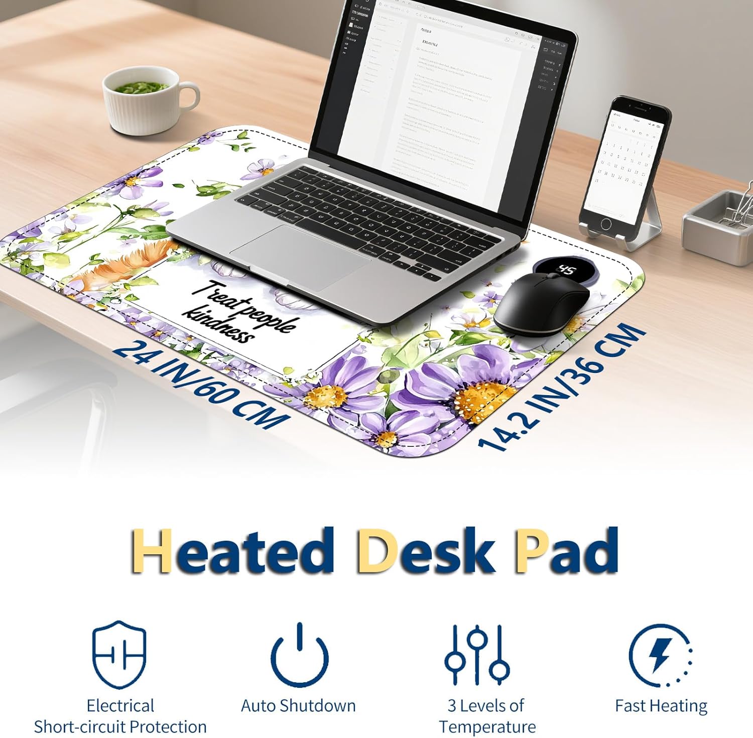 Heated Mouse Pad with 3 Temperature Settings(104°F–122°F),Large 24x14.2 Inch PU Leather Heated Desk Mat,Waterproof Warming Pad for Office,Gaming & Cold Hands Relief,Cute Cat Flower