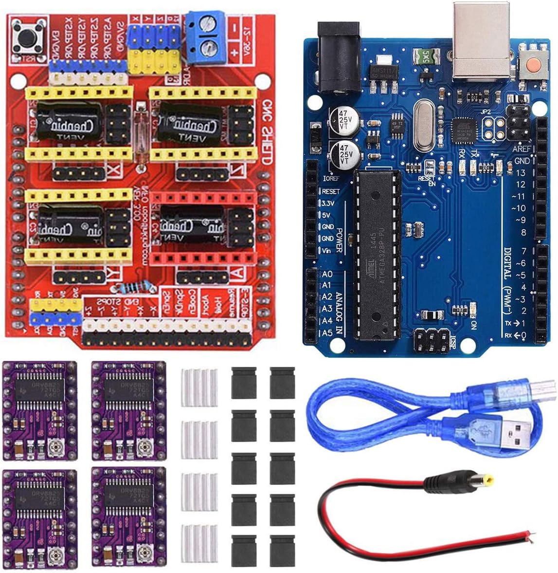 DAOKI CNC Shield V3.0 Expansion Board Kit with Board for Arduino, 4PCS DRV8825 Stepper Motor Driver and Heatsink, 10PCS Jumper Cap, USB Cable for Engraving Machine