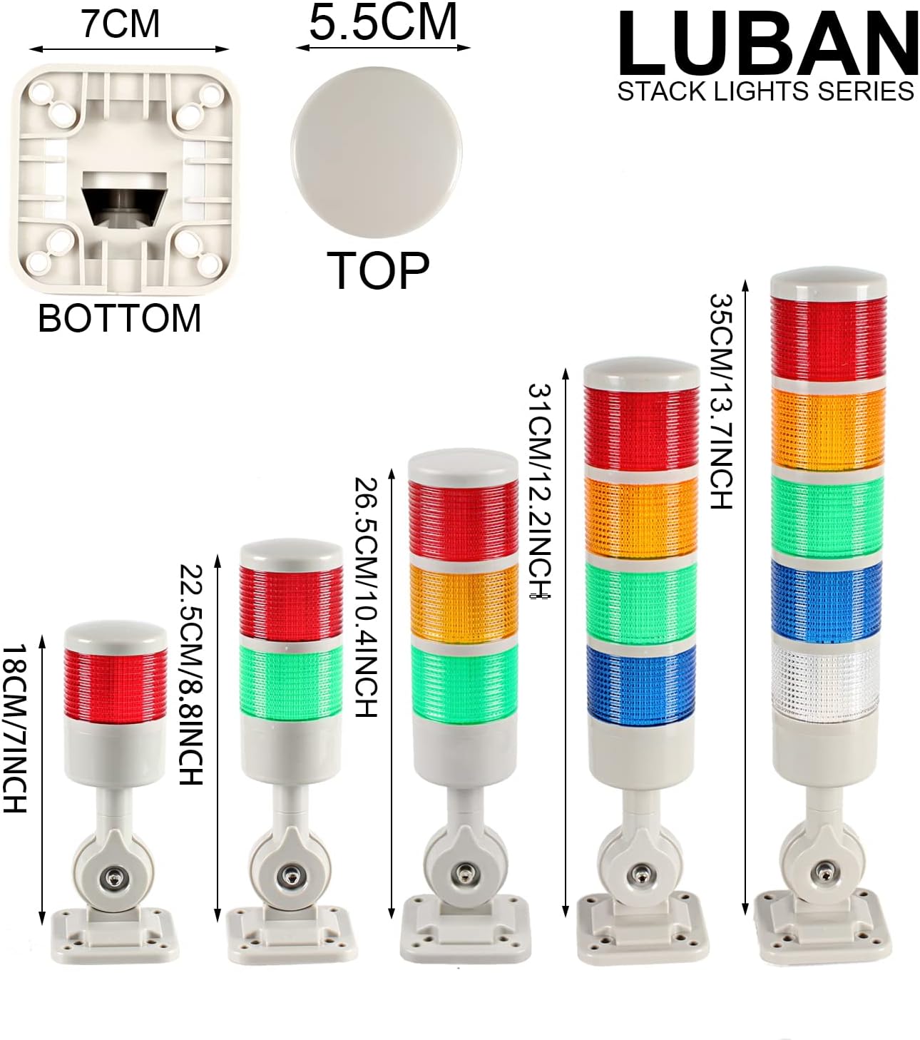 Industrial Signal Tower Stack Lights - Rotatable Base, Steady/Flashing Light Switchable, 12V 24V DC (4-Layer, with Buzzer)