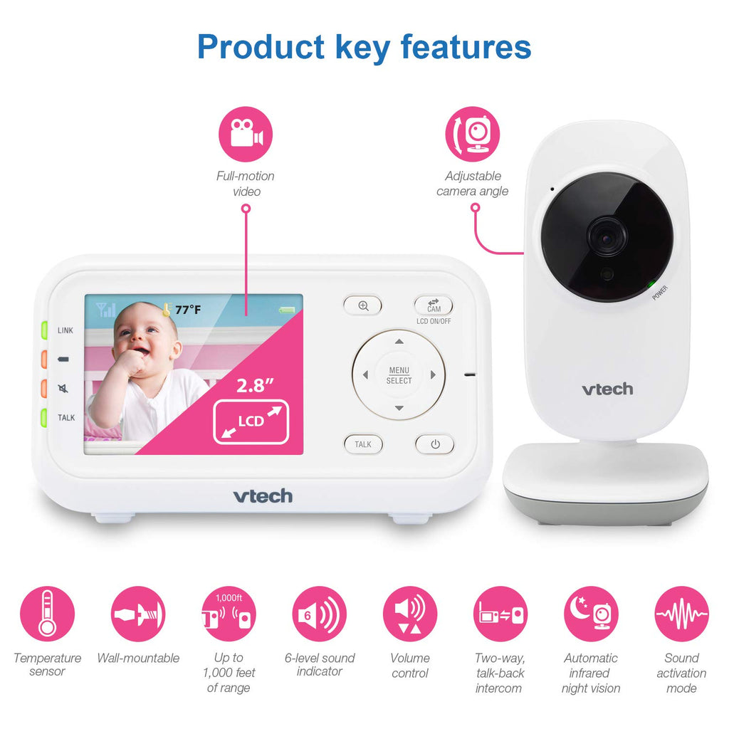 VTech VM3252 Video Baby Monitor with 1000ft Long Range, Auto Night Vision, 2.8” Screen, 2-Way Audio Talk, Temperature Sensor, Lullabies