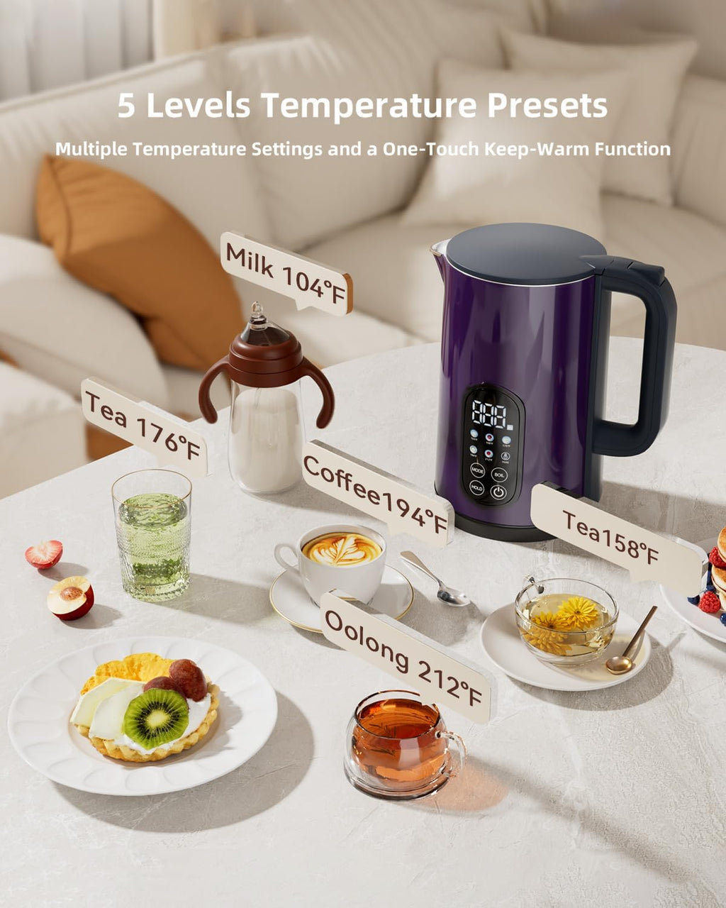 Tisania Smart Electric Kettle with Temp Control - 1.7L Cordless Kettle for Milk, Tea, Coffee, Baby Formula, 5 Presets & 2-Hour Keep Warm, Fast Boil Stainless Steel, Purple