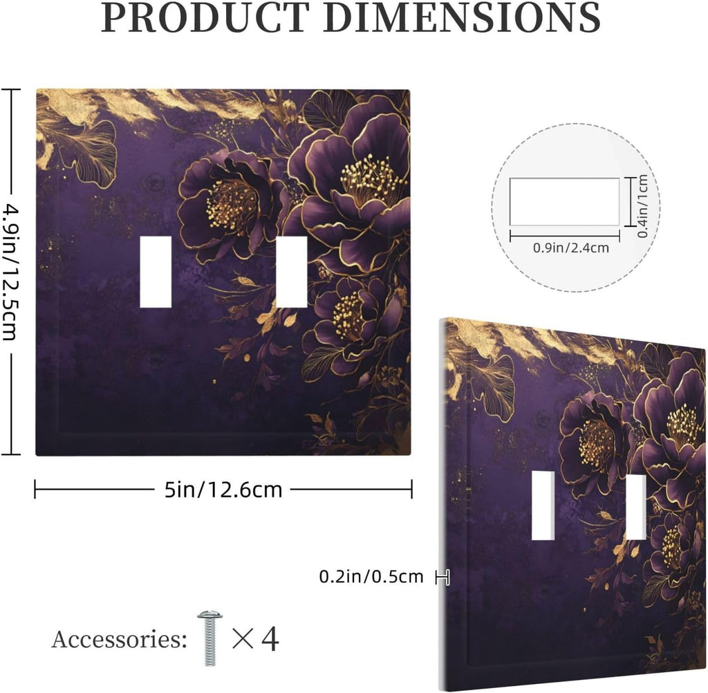 Decorative Light Switch Cover Plate Vintage Purple Peony Gold Leaf Flowers Floral 2 Gang Wall Plate Oversized Double Toggle Two Switch Wall Cover Plate Dual Device Electrical Face Plate