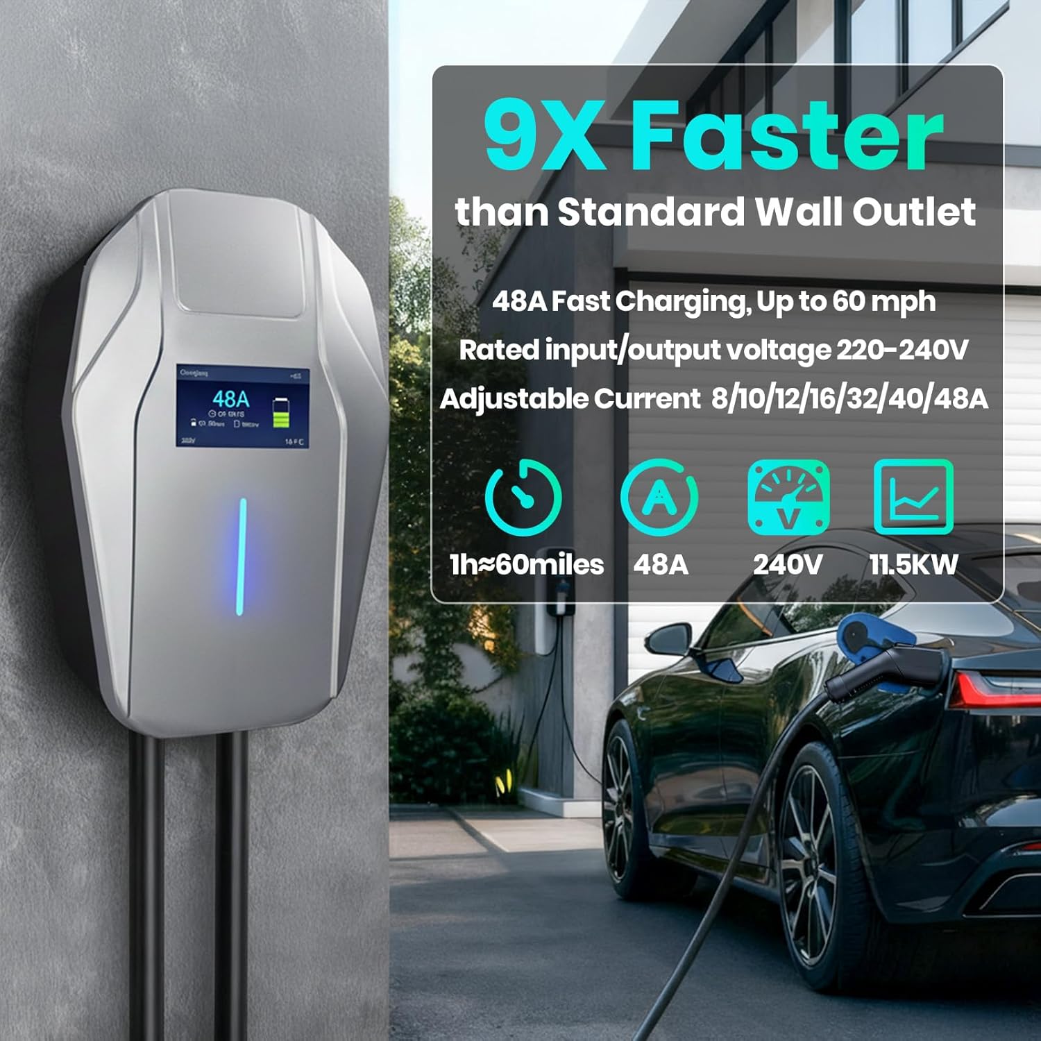 Level 2 EV Charger, 240V 48Amp EV Charger Level 2 for Home with Hardwire, J1772 Connector & Tesla Adapter, 11.5KW Electric Vehicle Charging Station with Smart APP, 26FT Cable, 4.3'' LCD Display