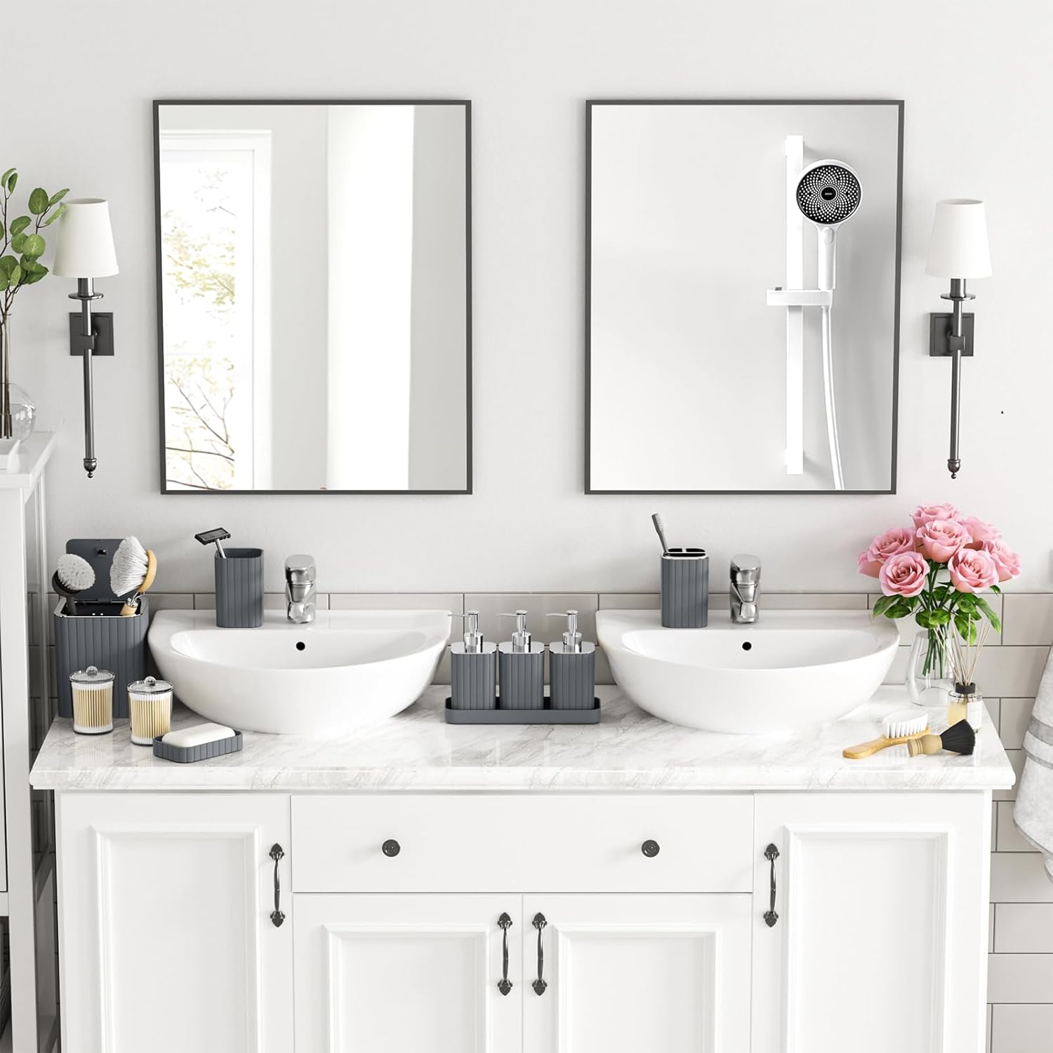Bathroom Accessory Set - Bathroom Set, 12PC Bathroom Accessories Set, Grey Bathroom Accessories Set, Mini Trash Can, Toilet Brush, Trash Can & Soap Dispenser
