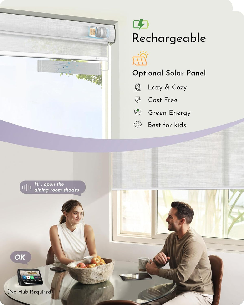 Graywind Motorized Light Filtering Shades Compatible with Alexa Google Rechargeable Remote Control Smart Blinds Automatic Window Shade with Valance for Home Office, Custom Size (Mixwave White)
