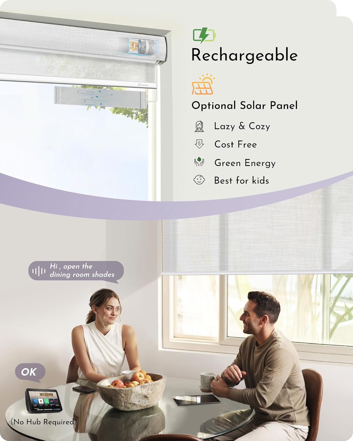 Graywind Motorized Light Filtering Shades Compatible with Alexa Google Rechargeable Remote Control Smart Blinds Automatic Window Shade with Valance for Home Office, Custom Size (Mixwave White)