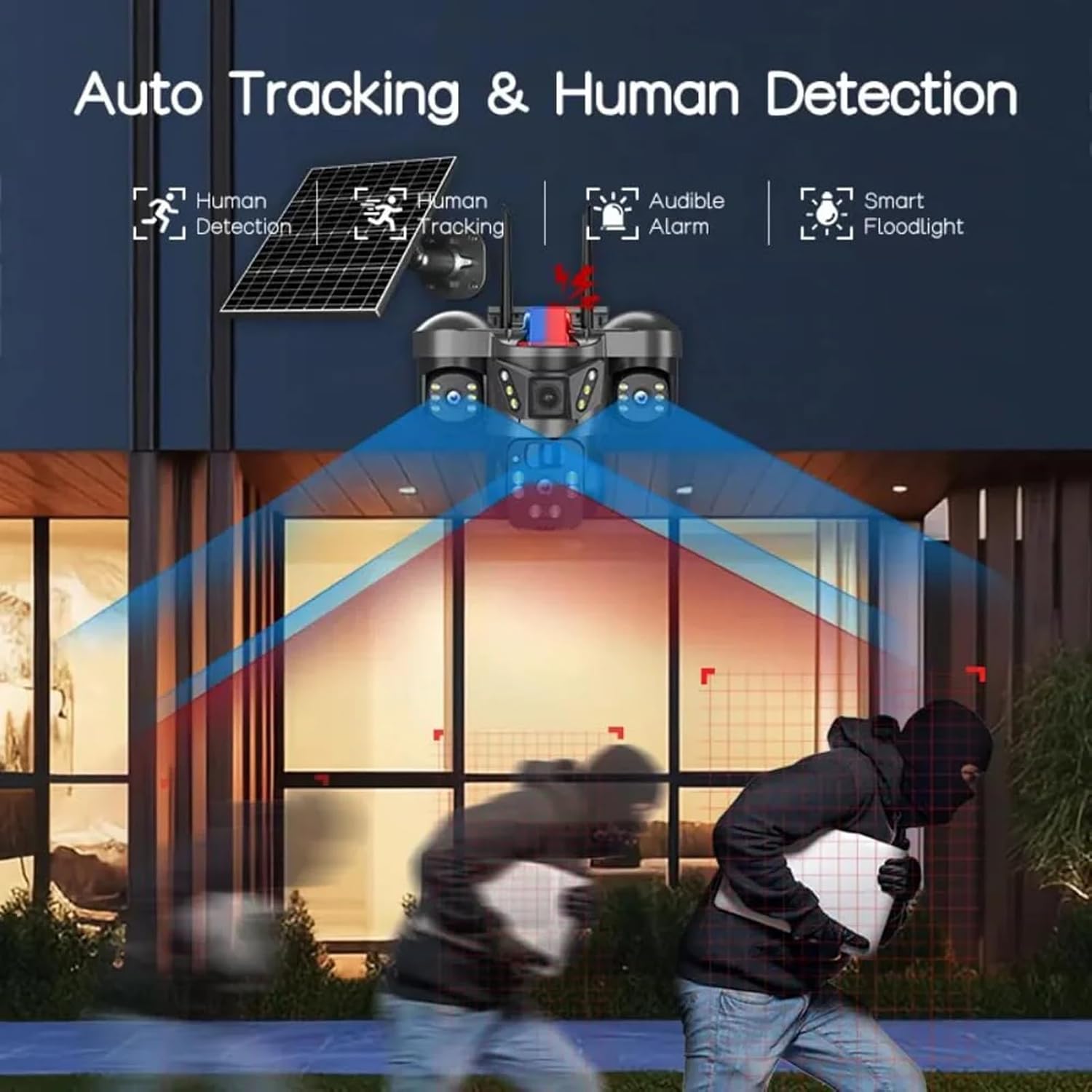 4K Solar Security Camera, 3 Cameras Security Cameras Wireless Outdoor, 360° Pan & Tilt Surveillance, Have Alarm Detection, Smart Monitor＆Night Vision, Two Way Intercom Outdoor Function 2.4GHz Wi-Fi