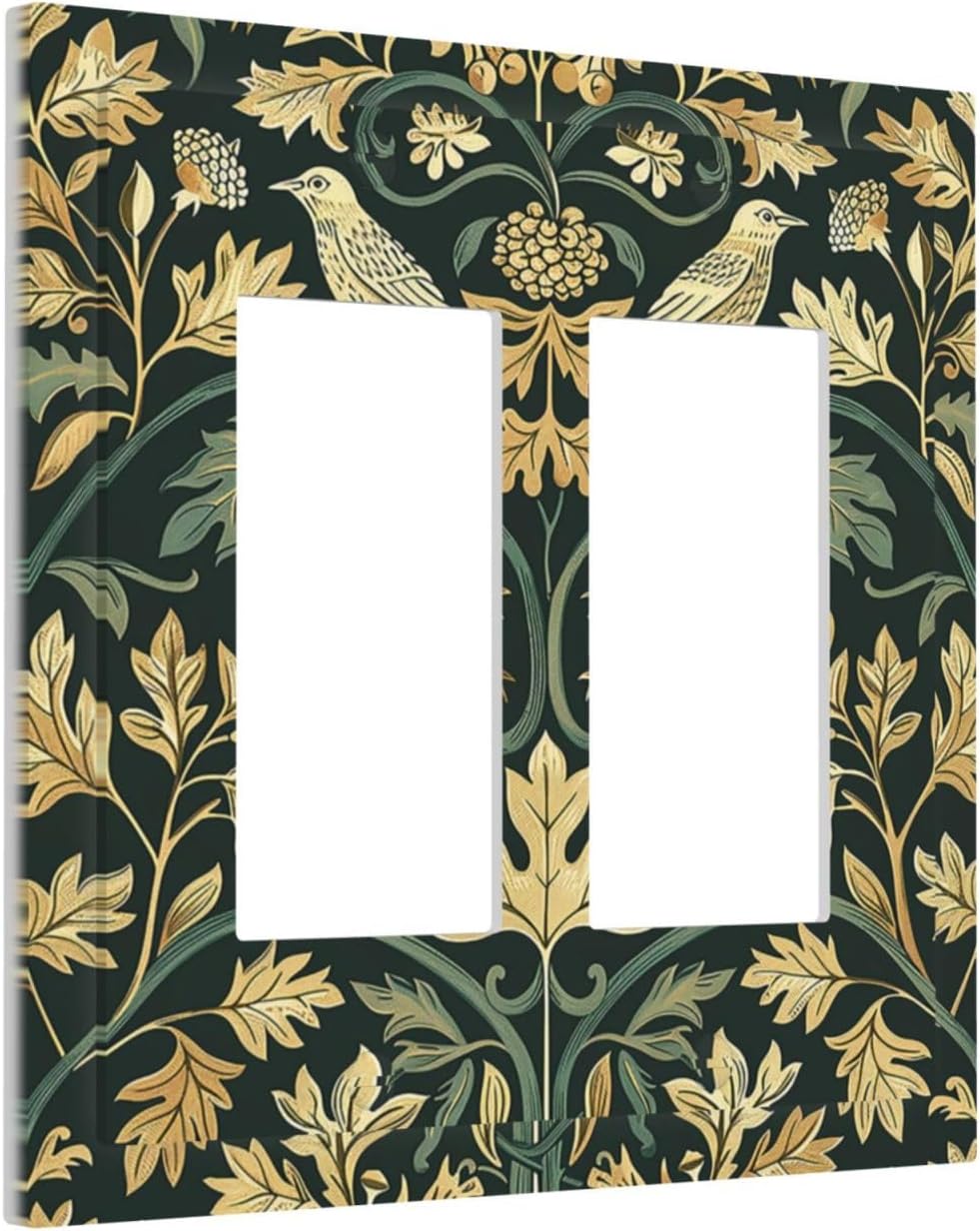 Decorative Outlet Covers William Morris Vintage Botanical Birds Golden Green Leaves 2 Gang Double GFCI Rocker Electrical Wall Panels Light Switch Cover Plate for Bedroom Home Decor