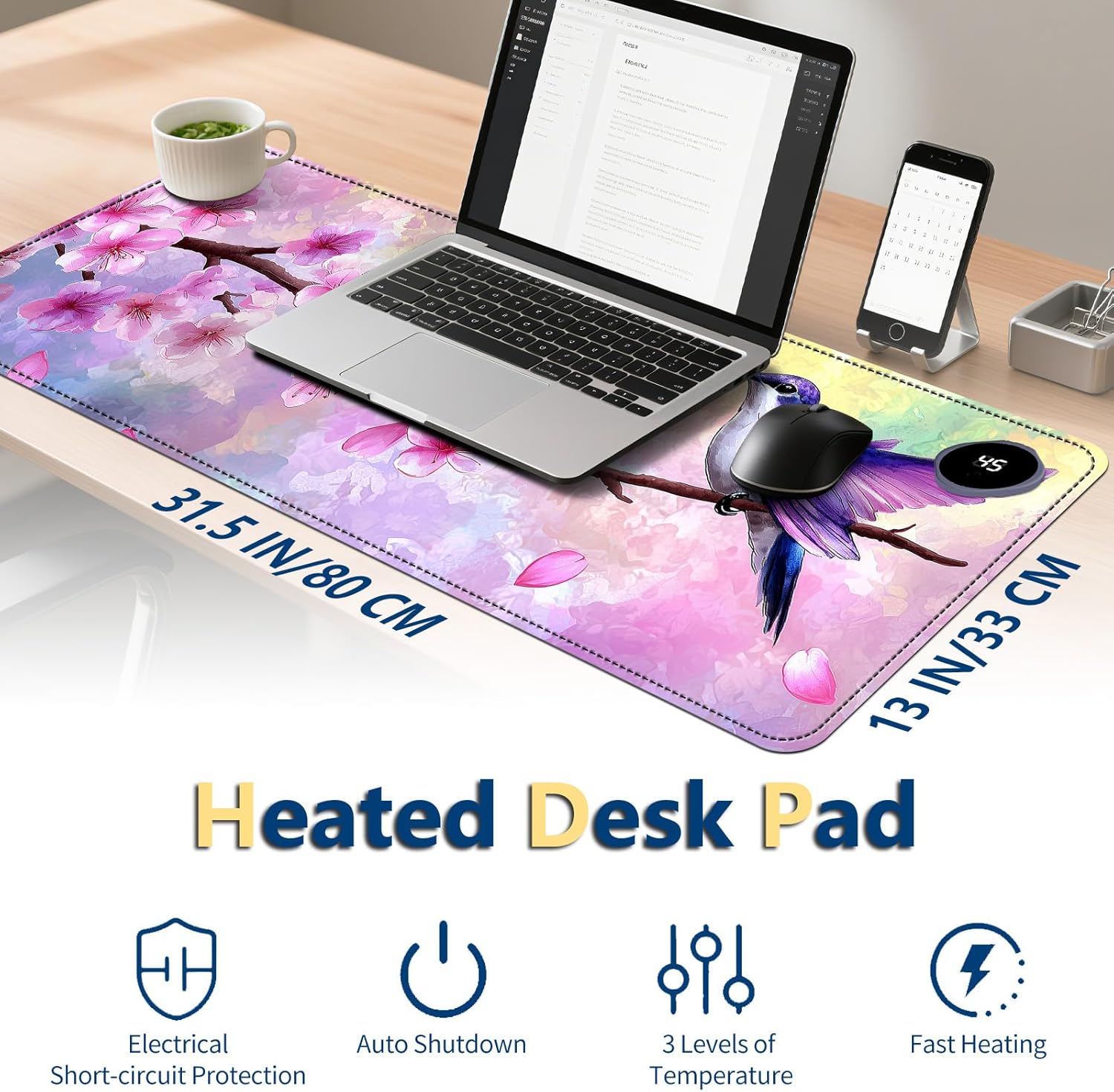 Heated Mouse Pad with 3 Temperature Settings(104°F–122°F),Large 31.5x13 Inch PU Leather Heated Desk Mat,Waterproof Warming Pad for Office,Gaming & Cold Hands Relief,Hummingbird Cherry Bloom
