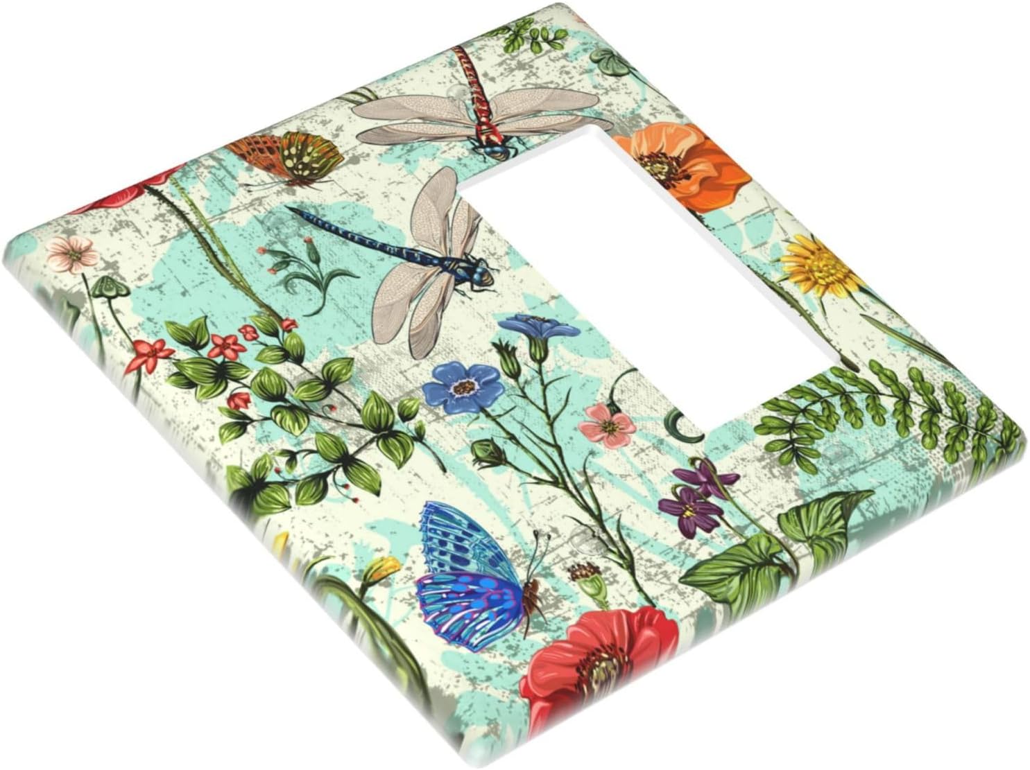 Dragonflies Flowers Butterfly 2 Gang 1 Rocker 1 Blank Outlet Light Switch Cover Decorative Wall Plate Cover For Home Living Bedroom Kitchen Decorative