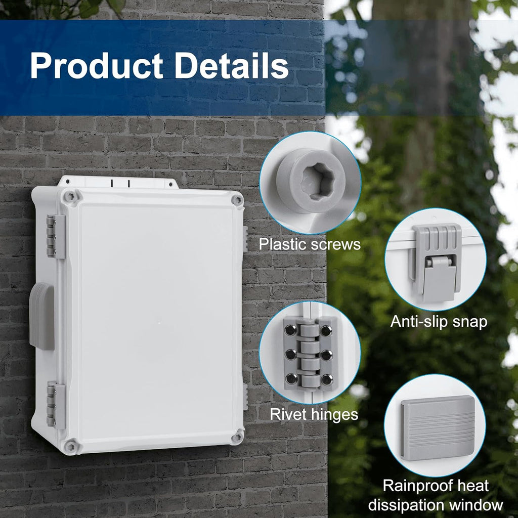 Outdoor Electrical Junction Box, ABS Water Resistant Enclosure with Internal Mounting Panel & Hinged Cover (12.6" H x 9.4" L x 5.7" W)