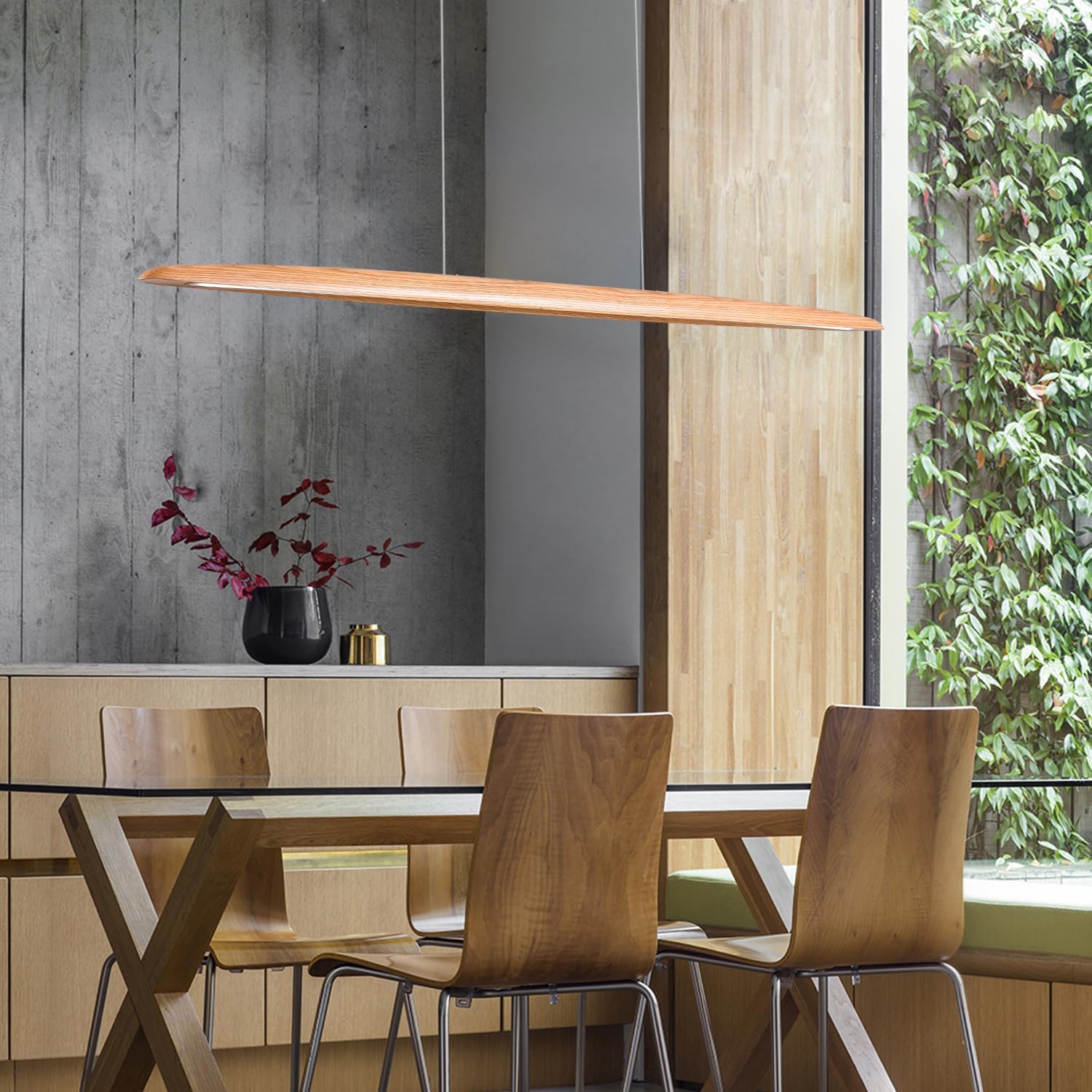 51" 36W Wood LED Linear Pendant Light Fixture Led Dining Room Light Dimmable Hanging Light Fixture for Dining Room Kitchen Island Pool Table Lights Natural Ash