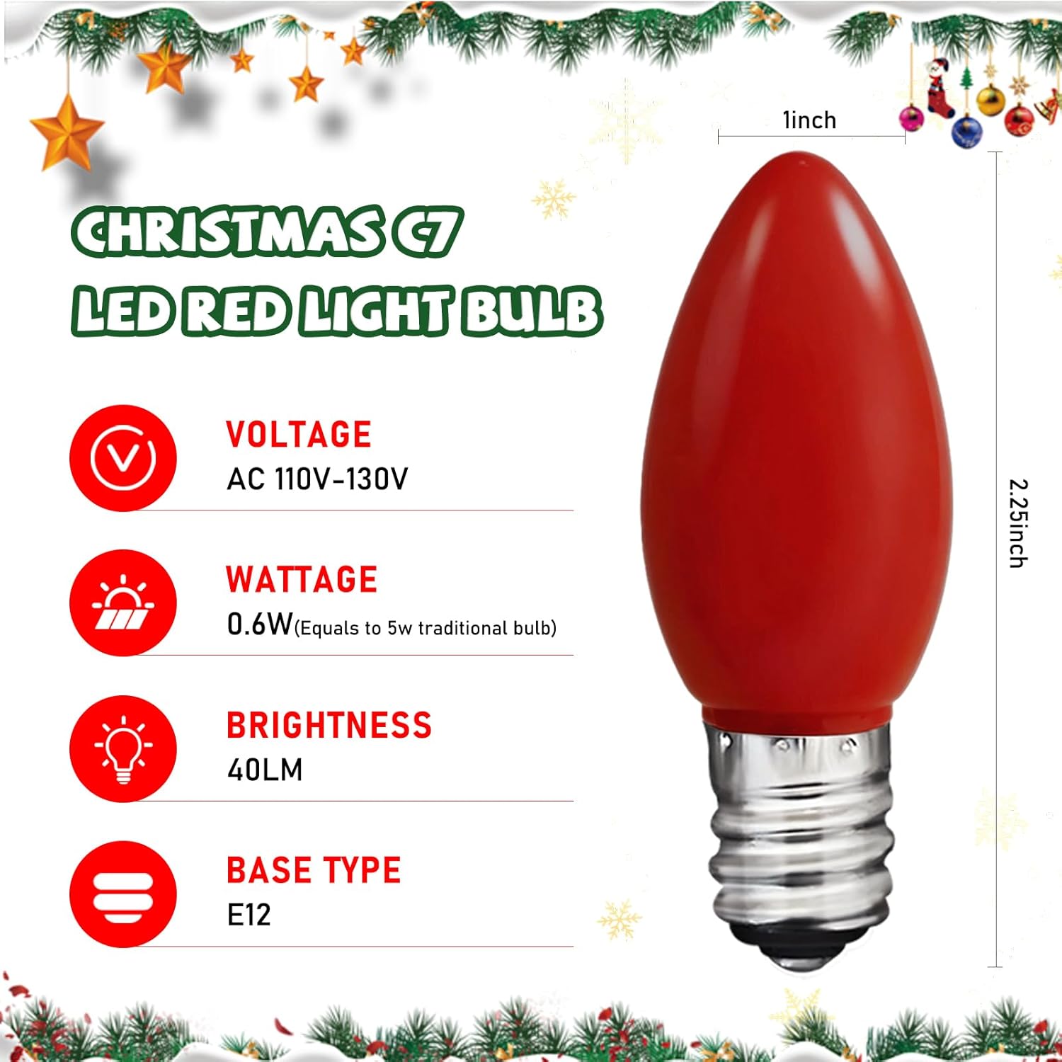 C7 LED Christmas Lights Replacement Bulbs, 25 Pack 0.6w C7 Ceramic Multicolor Light Bulbs with E12 Candelabra Base, Vintage Colored Light Bulbs for Indoor/Outdoor Christmas String Lights