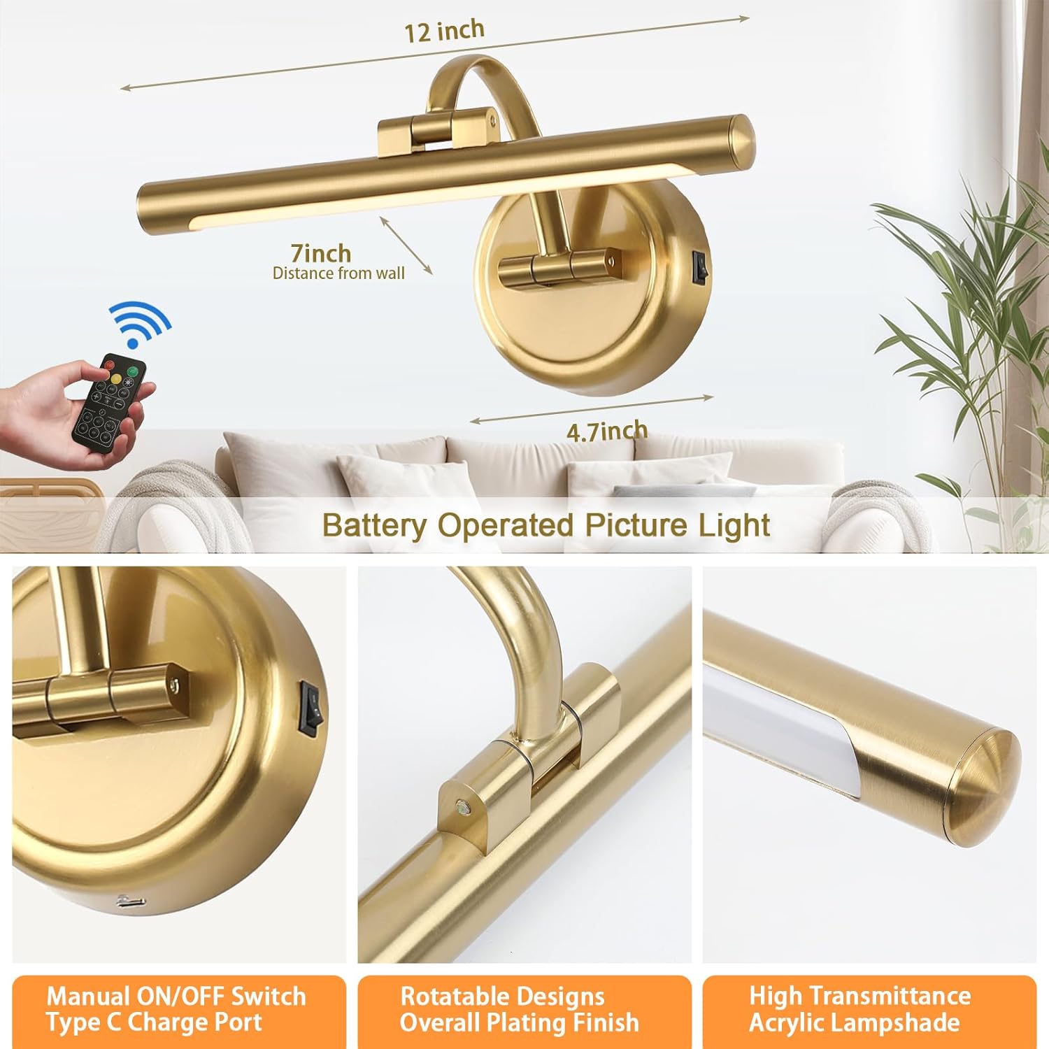 Rechargeable Picture Light for Wall, Dimmable Art Lights for Painting, Battery Operated Wall Sconce with Remote, 3 light Color,Timer & Brightness Setting for Artwork, Gallery(Brass, 12inch)
