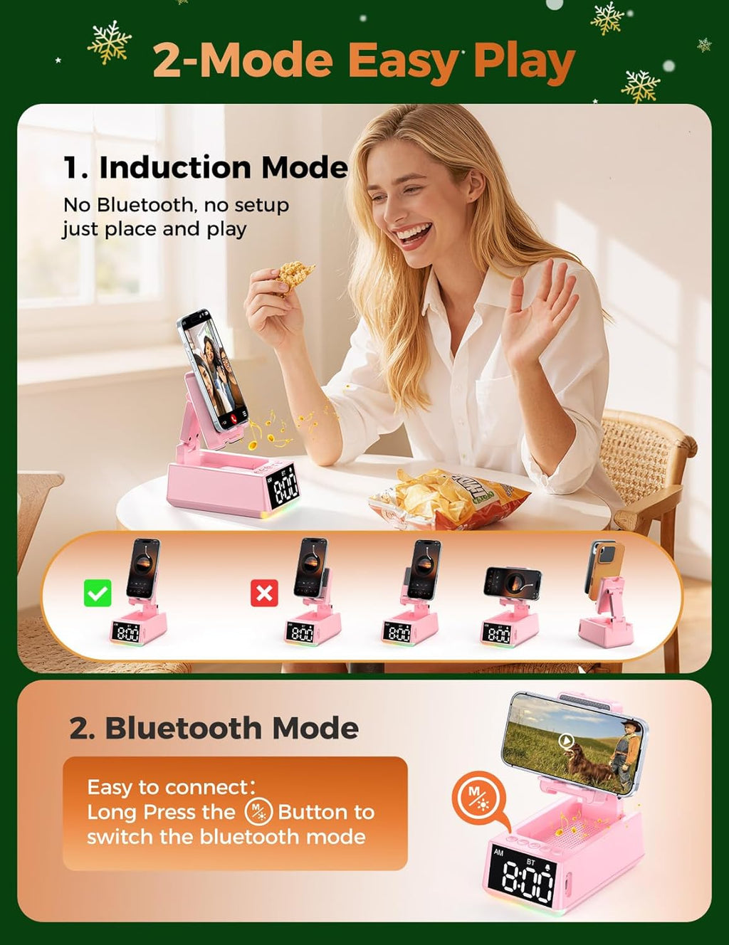 Bluetooth Speaker Birthday Gift for Women:Induction Cell Phone Stand HD Sound Valentines Gifts For Her Adult Teen,Anti-Slip Phone Holder Kitchen Gadget Women Mom Wife Girlfriend Galentines(Pink)