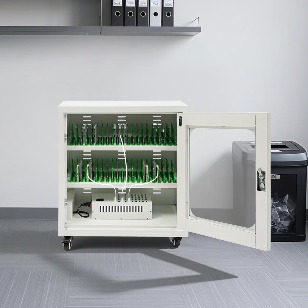 40-Port Mobile Phone Charging Station Cart - Heavy Duty Charging Cabinet for Schools & Offices, 400W Rechargeable Cellphone Locker Storage Lockable Tempered Glass Door & Wheels (White)