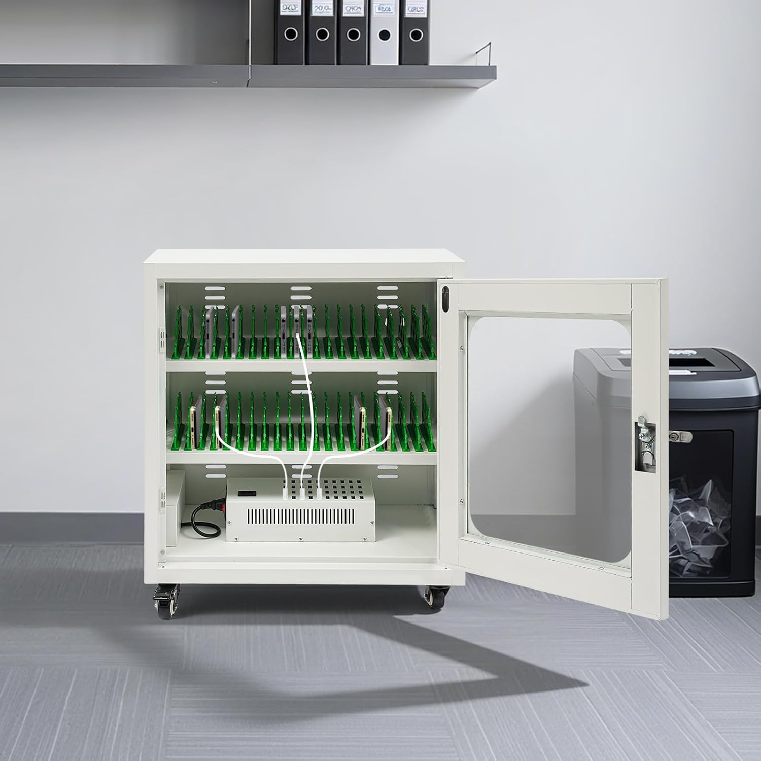 40-Port Mobile Phone Charging Station Cart - Heavy Duty Charging Cabinet for Schools & Offices, 400W Rechargeable Cellphone Locker Storage Lockable Tempered Glass Door & Wheels (White)