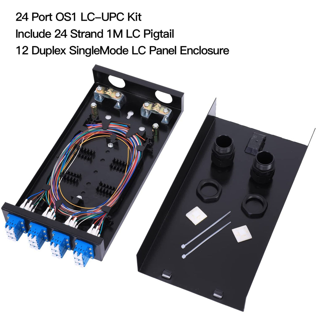 12 Duplex 24 Port LC-OS1 Box+ SingleMode Cables Wall Mount Fiber Enclosure with Spool LC-UPC Kit (Include a 1 Meter 24 Strand LC-SM Pigtail and 12 Port Duplex LGX Loaded Panel