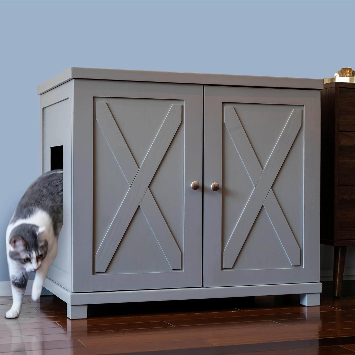 THE REFINED FELINE Cat Litter Box Enclosure Cabinet, Farmhouse, Smoke Gray, Square Feet, XLarge, Hidden Litter Cat Furniture with Drawer