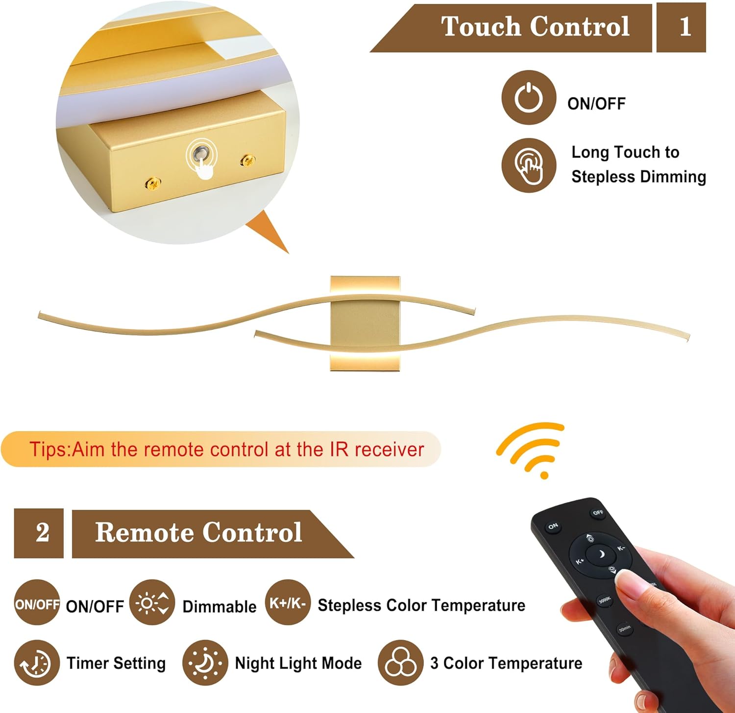 Battery Operated Wall Sconces Set of Two with Remote Control, Dimmable/3 Colors/Night-Light/Timer/Memory, Gold Modern Wireless LED Sconce for Living Room, Hallway, Bedroom, 39.3 Inch (2 Pack)